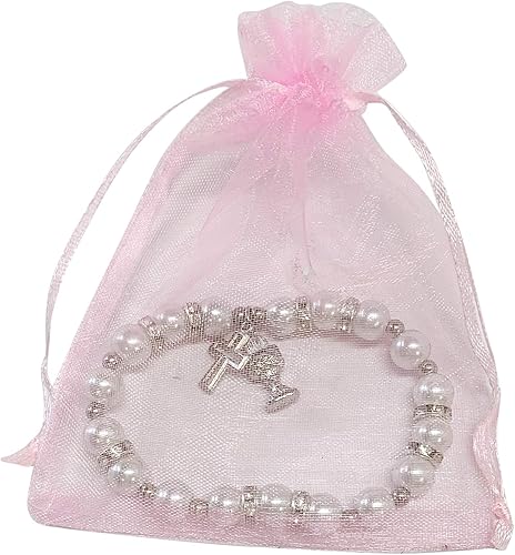 Miniatura 2 de Primera Comunión Favor de Fiesta (12 piezas) Pulsera de perlas elásticas con cáliz de metal plateado y dijes de cruz/Recuerdos para Primera Comunión