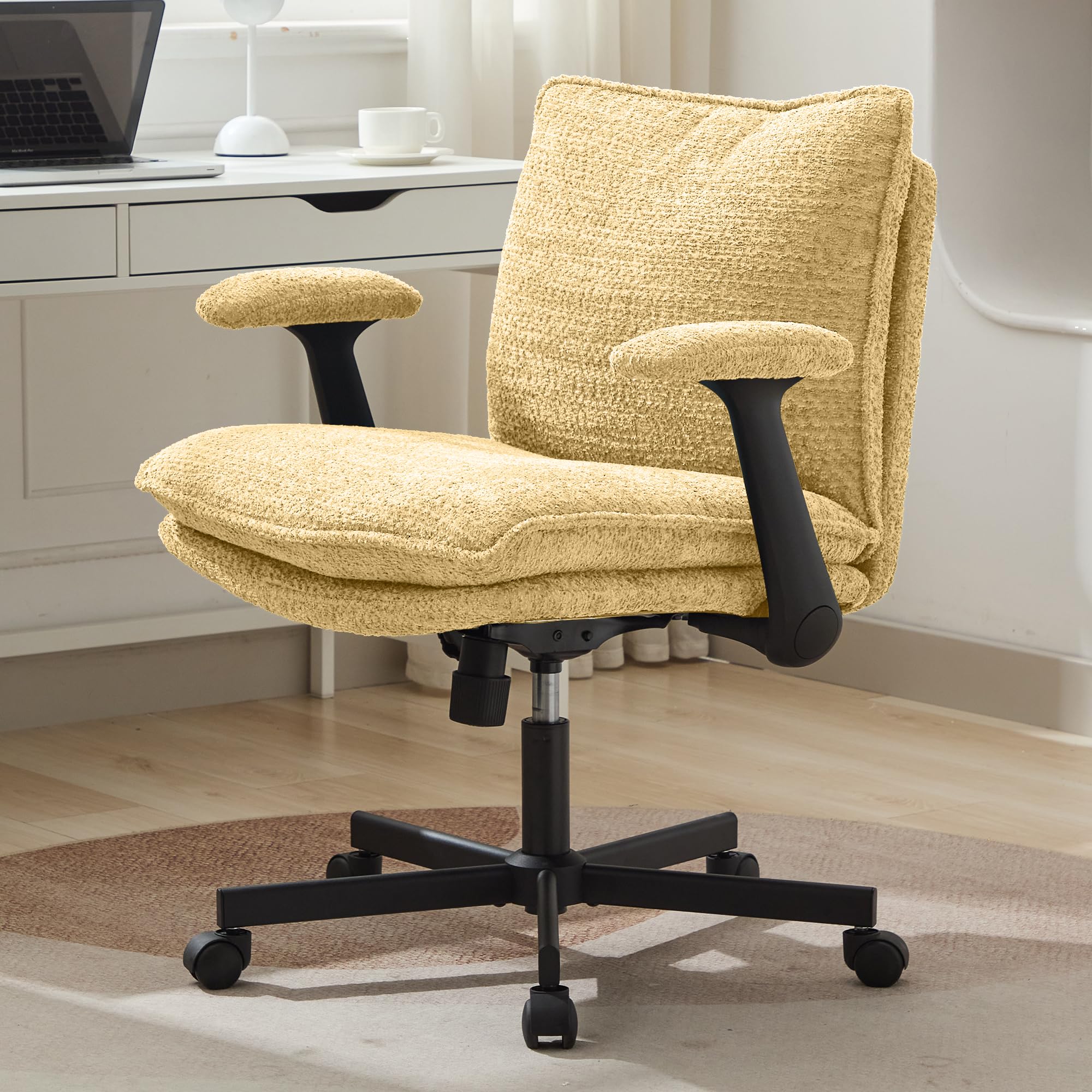 Kassipo Criss Cross Legged Office Chair with Wheels and Flip-Up Arms, Upholstered Criss Cross Desk Chair, Wide Seat Chairs for Home Office, Vanity,