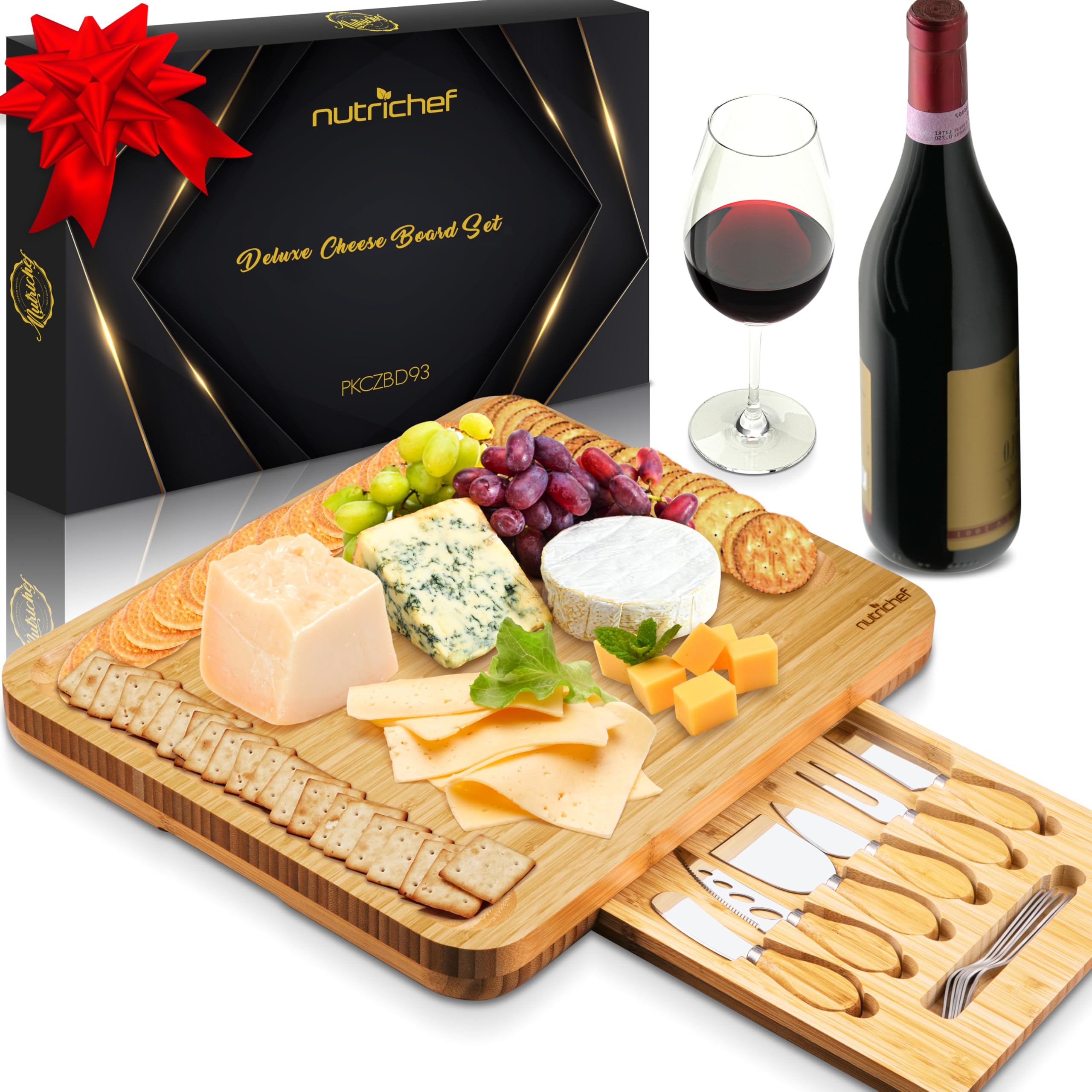 NutriChef Bamboo Cheese Board, Charcuterie Board Set with 6 Knives & 6 Forks, 100% Home Organic Wood Gift Set for Wedding, Birthday, Anniversary