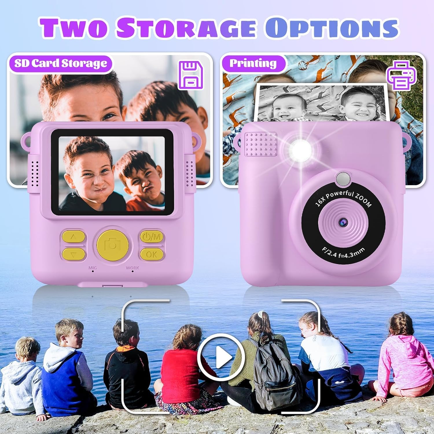 Adofys Instant Print Camera for Kids, Christmas Birthday Gifts for Girls Boys, HD Digital Video Cameras for Toddler, Portable Toy for 4 5 6 7 8 9 10 Year Old with 32GB SD Card-Purple 2