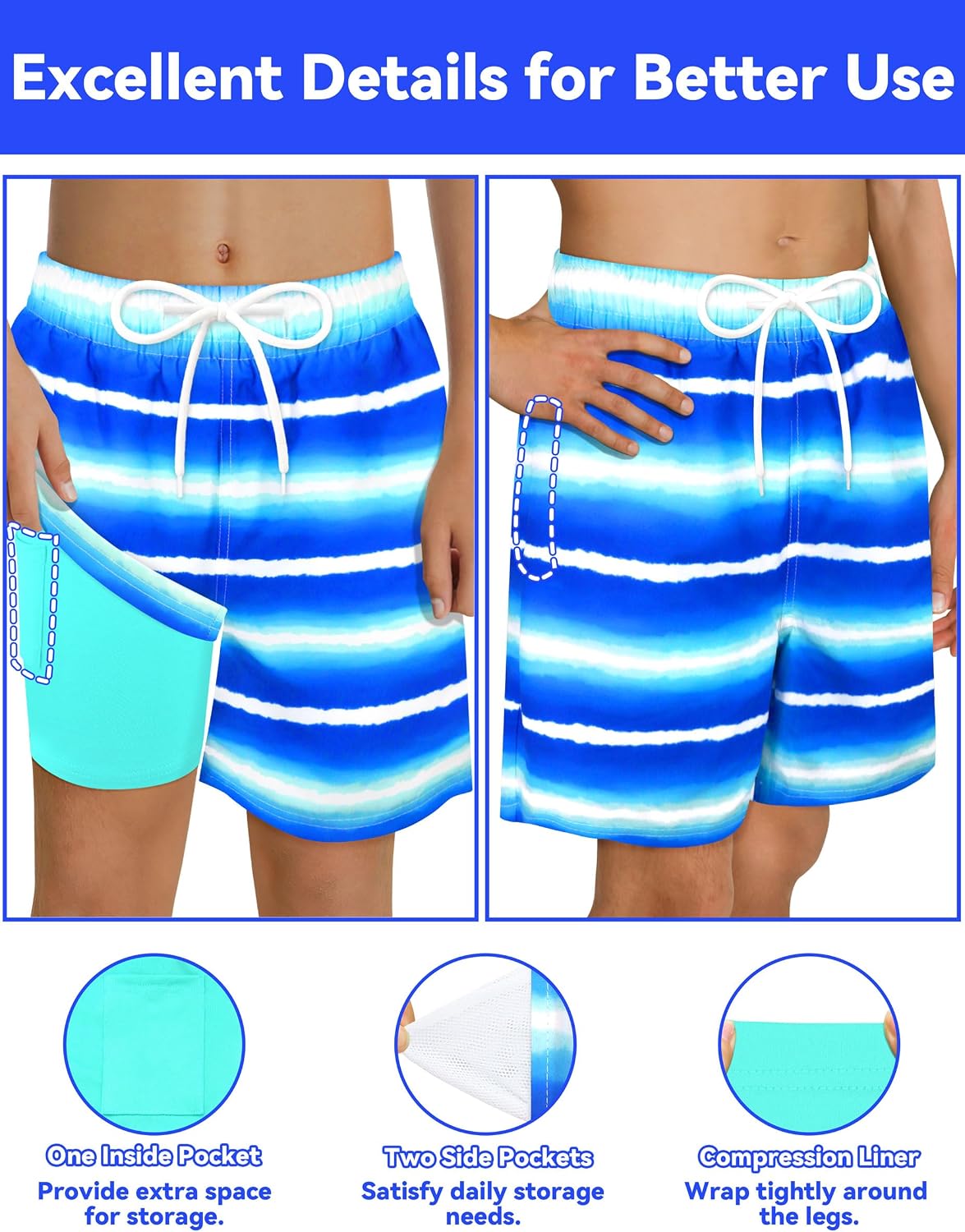 Olreco Boys Swim Trunks with Compression Liner Quick Dry Kids Bathing Suit Boys Board Shorts Teen Swimsuit Boys Swim Shorts