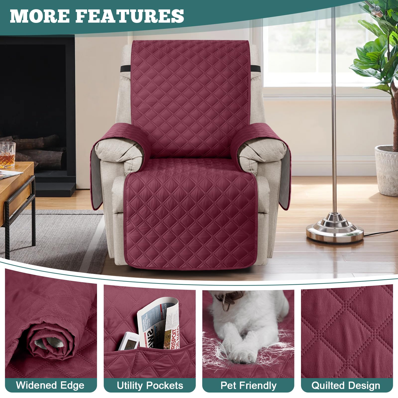 Ruaozz Funda para silla reclinable 100% impermeable, antideslizante, de gran tamaño, para silla reclinable grande, lavable, con correas elásticas para niños, perros, mascotas (vino, 71 cm)