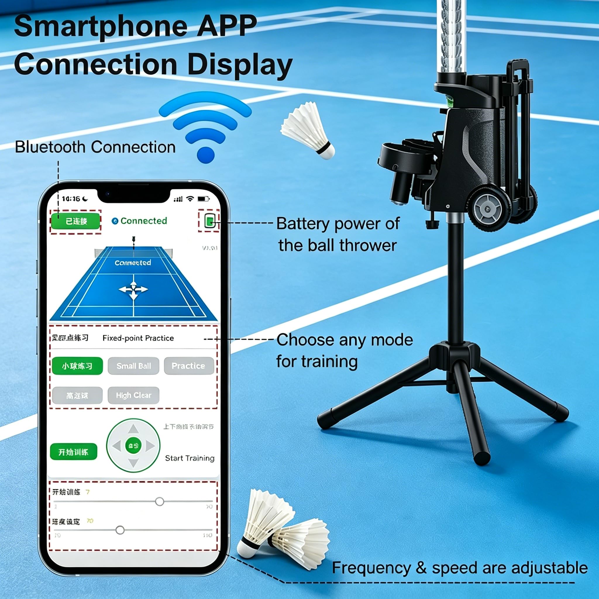 Máquina de servir bádminton portátil con capacidad de 52 volantes, lanzador controlado por aplicación con velocidad y ángulo ajustables para práctica en casa y club