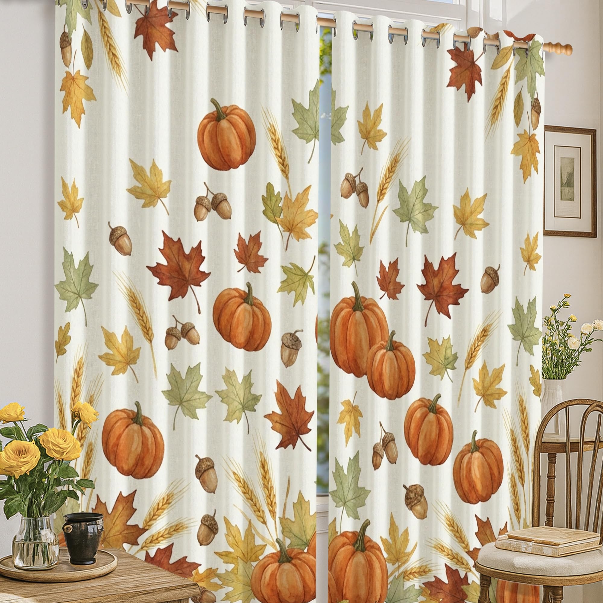 Rideaux occultants orange à motif citrouilles d'automne pour salon et bureau en 132x160 cm