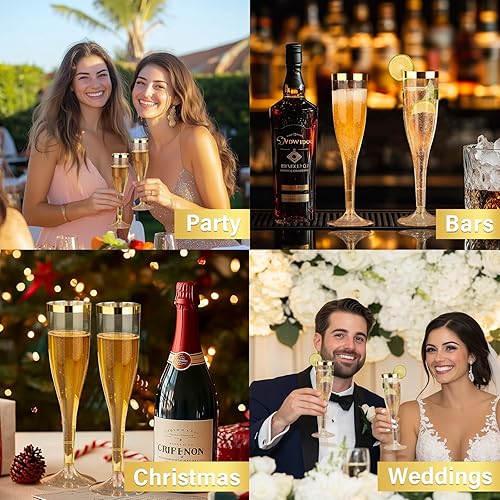 Miniatura 7 de Goodluck Paquete de 48 copas de champán de plástico con purpurina dorada de 6.5 onzas con borde dorado, vasos desechables de champán para brindis de