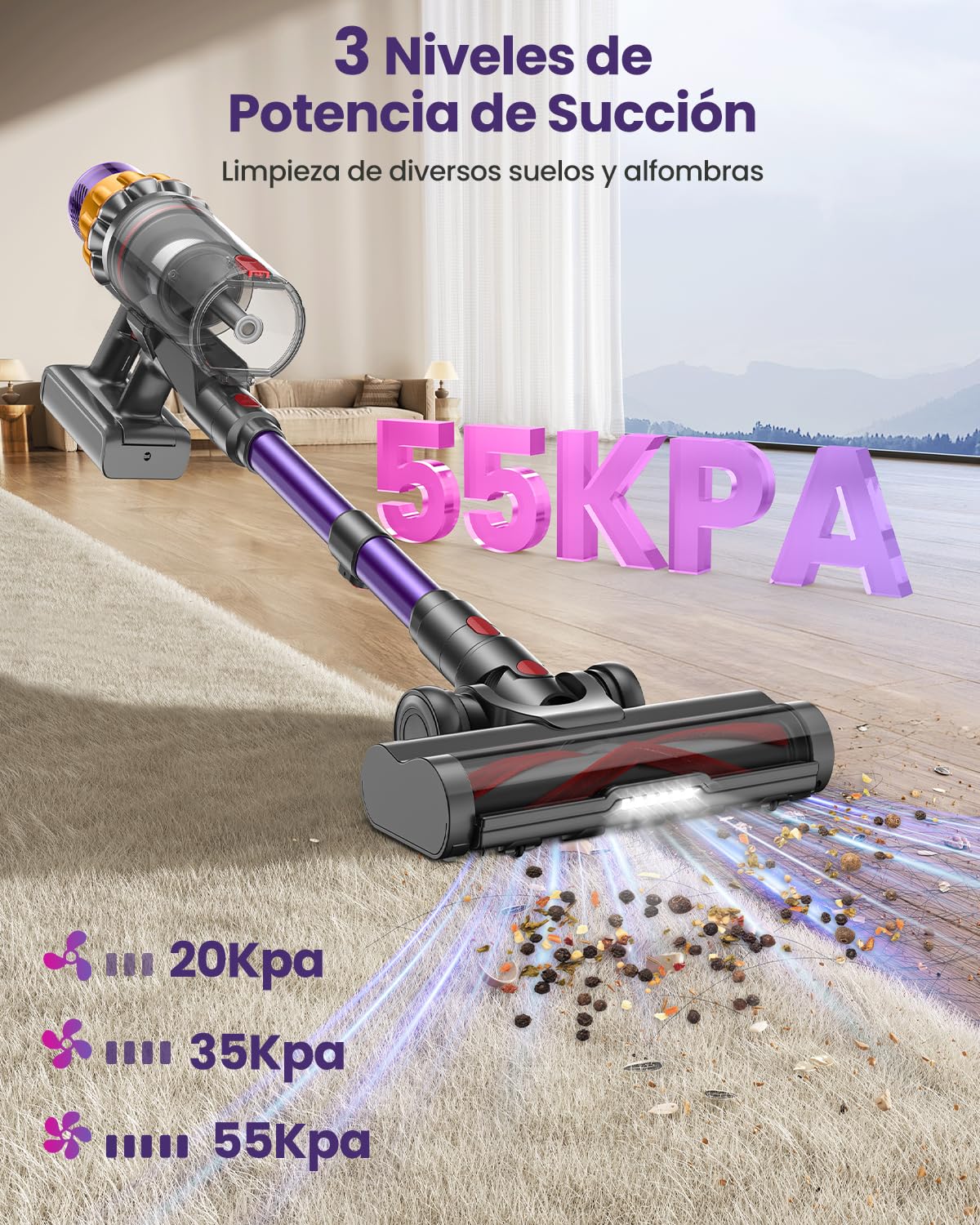 Aspiradora sin Cable con 2 Baterías, 150Min/55Kpa/600W, 2.0L Escoba Aspiradora Antienredos, Filtración de 11 Capas, Pantalla Táctil, Aspirador de Mano para Suelo/Alfombra/Pelos de Mascotas