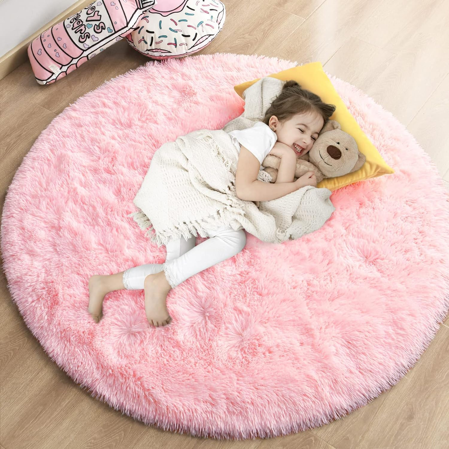 Round Rug for Girls Bedroom, Fluffy Circle Rug for Kids Room Decor, Shaggy Circular Rug for Baby Nursery Dorm, Upgrade Fuzzy Plush Rug for Living room, Cute Room Decor for Teens (Pink, 60 x 60 CM)