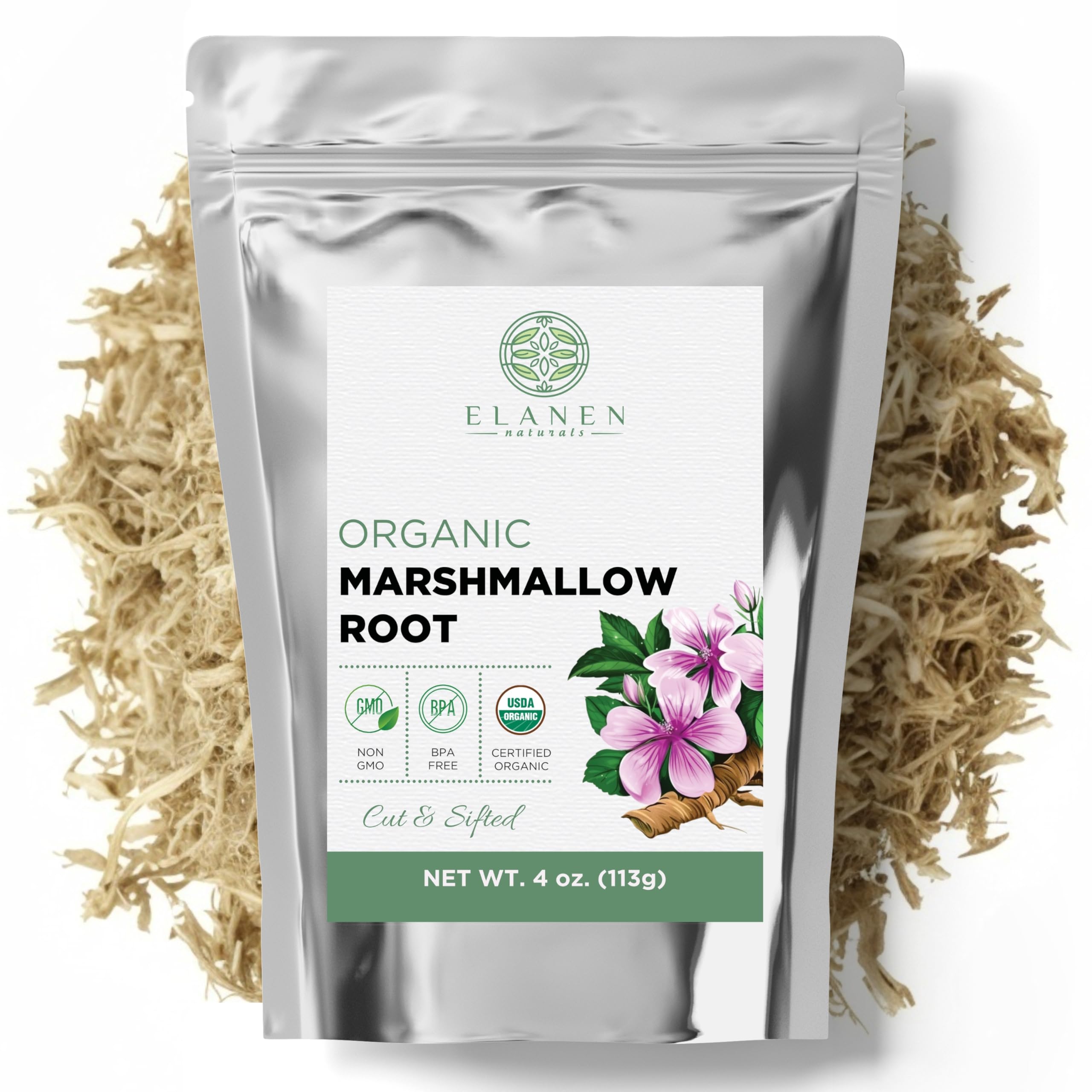Elanen Naturals Organic Marshmallow Root Herb 4 oz. (113g), USDA Certified Organic Marshmallow Root Bulk, Marshamallow Althaea Officinalis, Althea Herb, Cut & Sifted