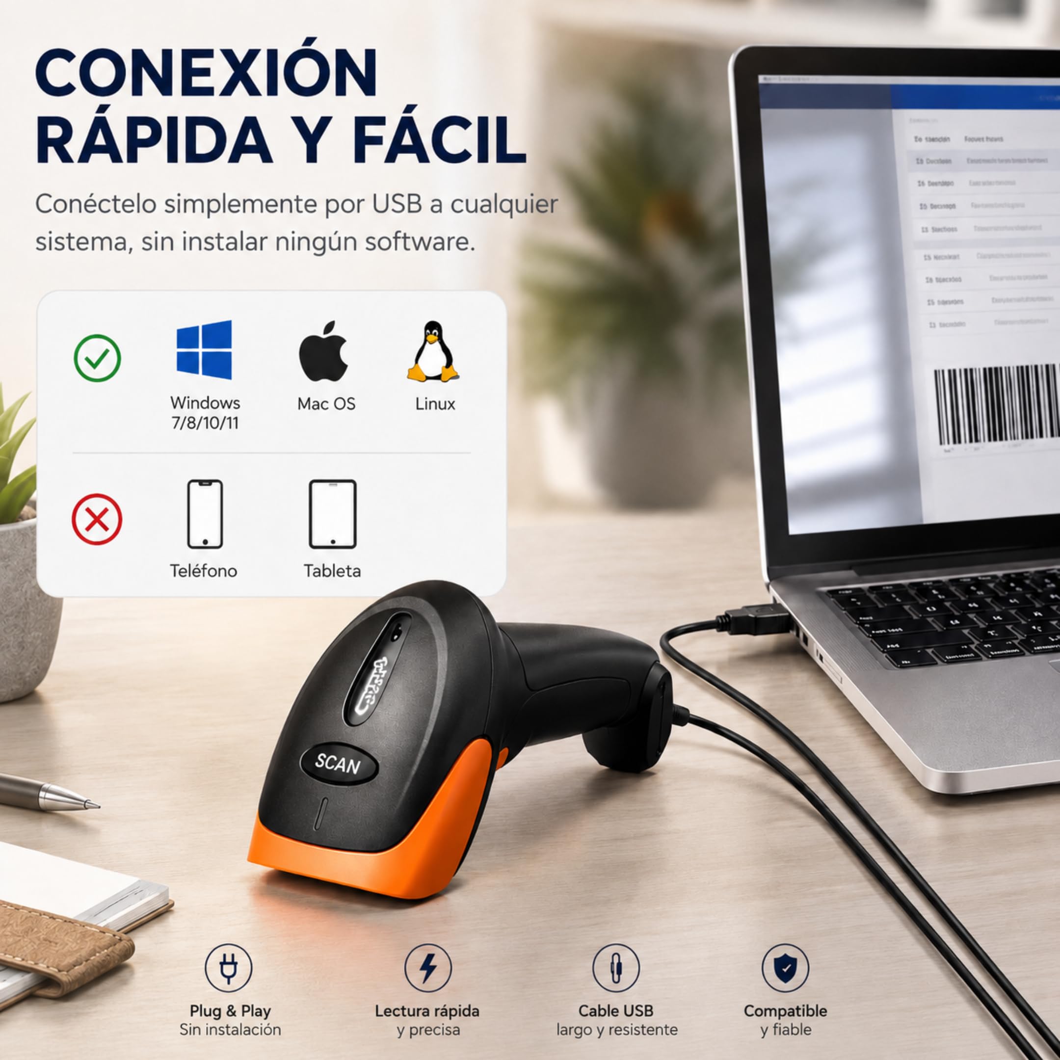 Alcachofa de código de barras USB 1D 2D QR, escáner de código de barras Plug and Play, lector IP54 a prueba de golpes, escáner compatible con Windows Mac Linux, lector QR, EAN UPC...