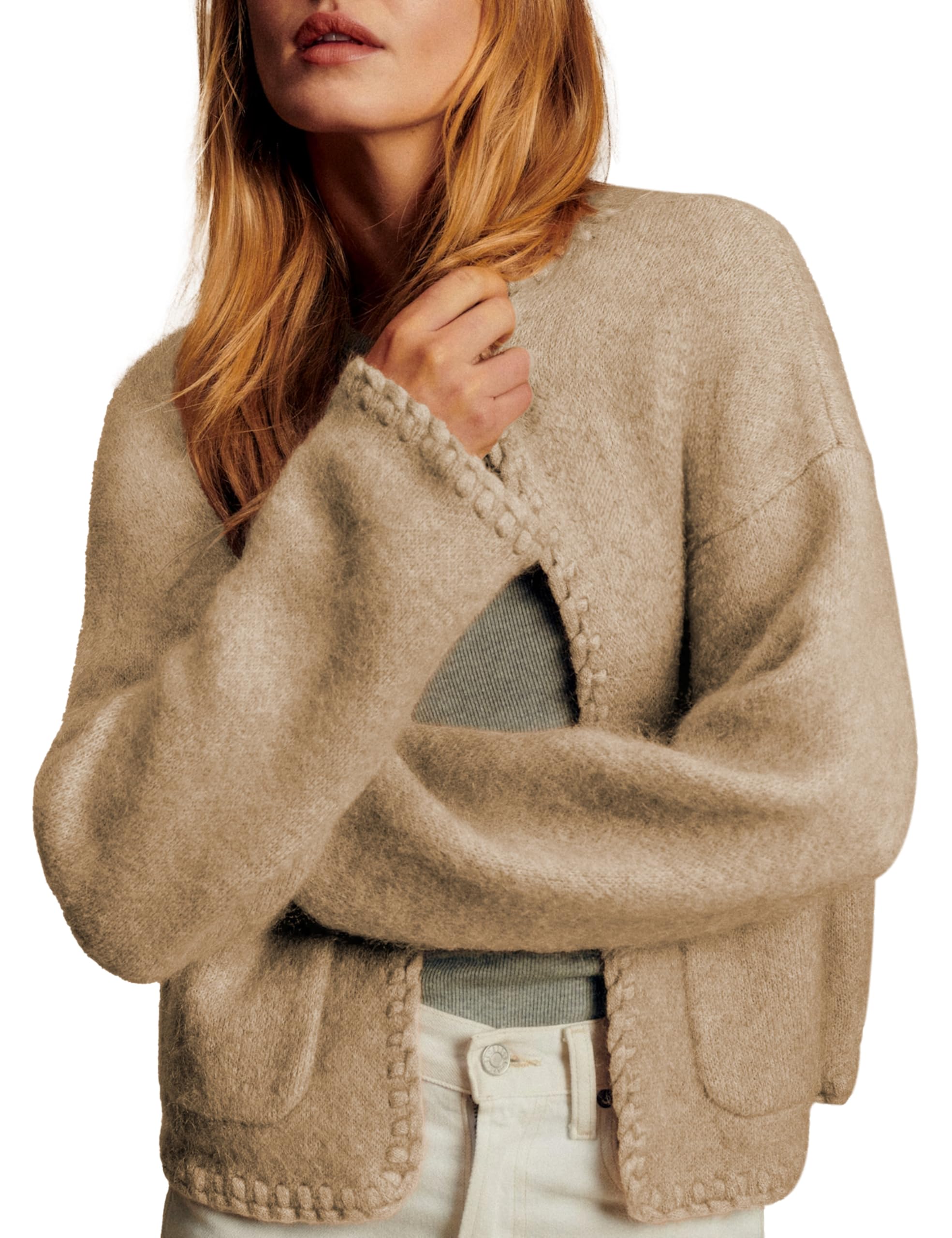 Womens Knit Cardigan Braided Sweaters Trim Open Front Sweater with Pockets Oversized Casual Outerwear Fall Winter