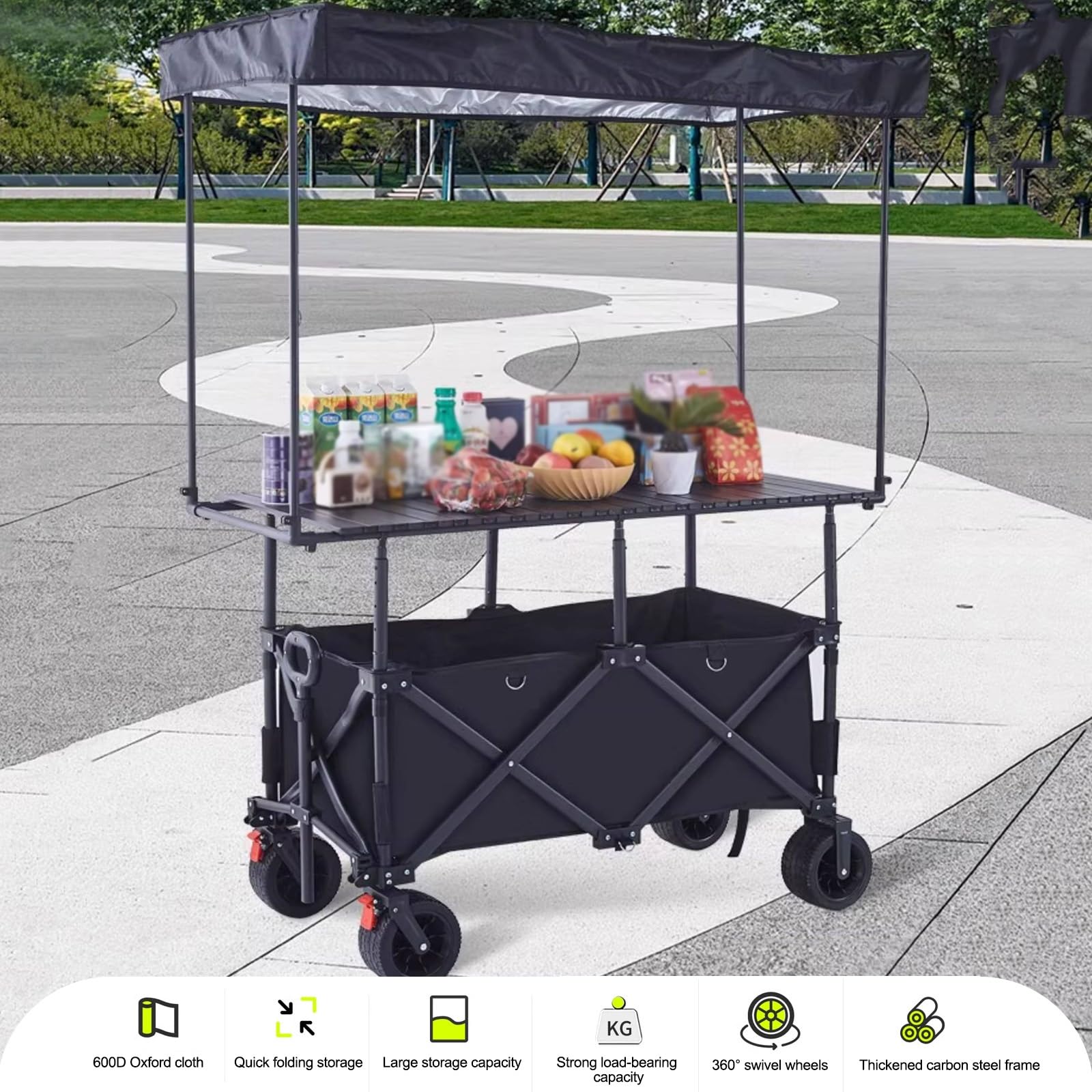HARELA Carrito de Comida Callejero, Carro de Venta Ambulante para Perritos Calientes/Salchichas/Pan, Puestos ambulantes portátiles con toldo(Black A)