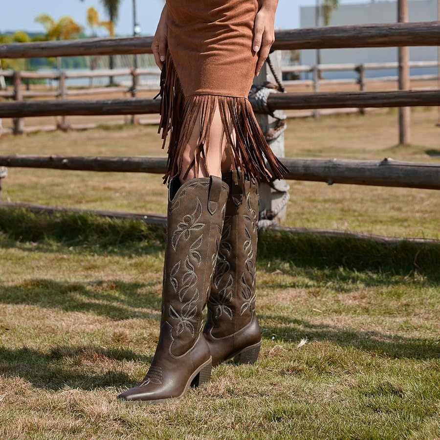 NSICBMNO Kniehohe Mädchen Stiefel - Cowgirl Stiefel Mit Reißverschluss PU-Leder