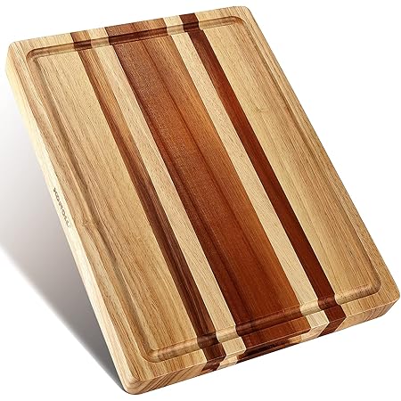 KONOLL Large Acacia Oak Wood Cutting Board for Kitchen Multipurpose Chopping Board with Juice Groove & Built-in well for Meat, Cracker, Vegetables and Cheese, 15 x 12 x 1.5 Inch