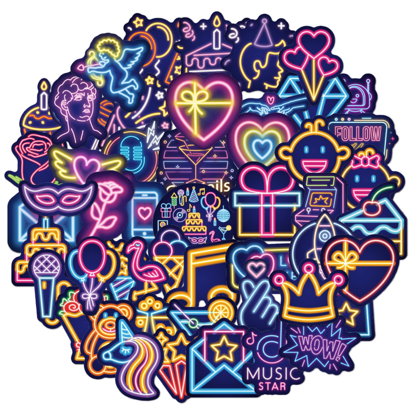 MAIOUSU STORE 100PCS Neon Style Stickers,Neon Light Decals Vinyl Waterproof Stickers for Water Bottle Laptop Luggage Helmet Skateboard Snowboard Guitar Scrapbook Phone Gifts for Teens Girls Kids Adult