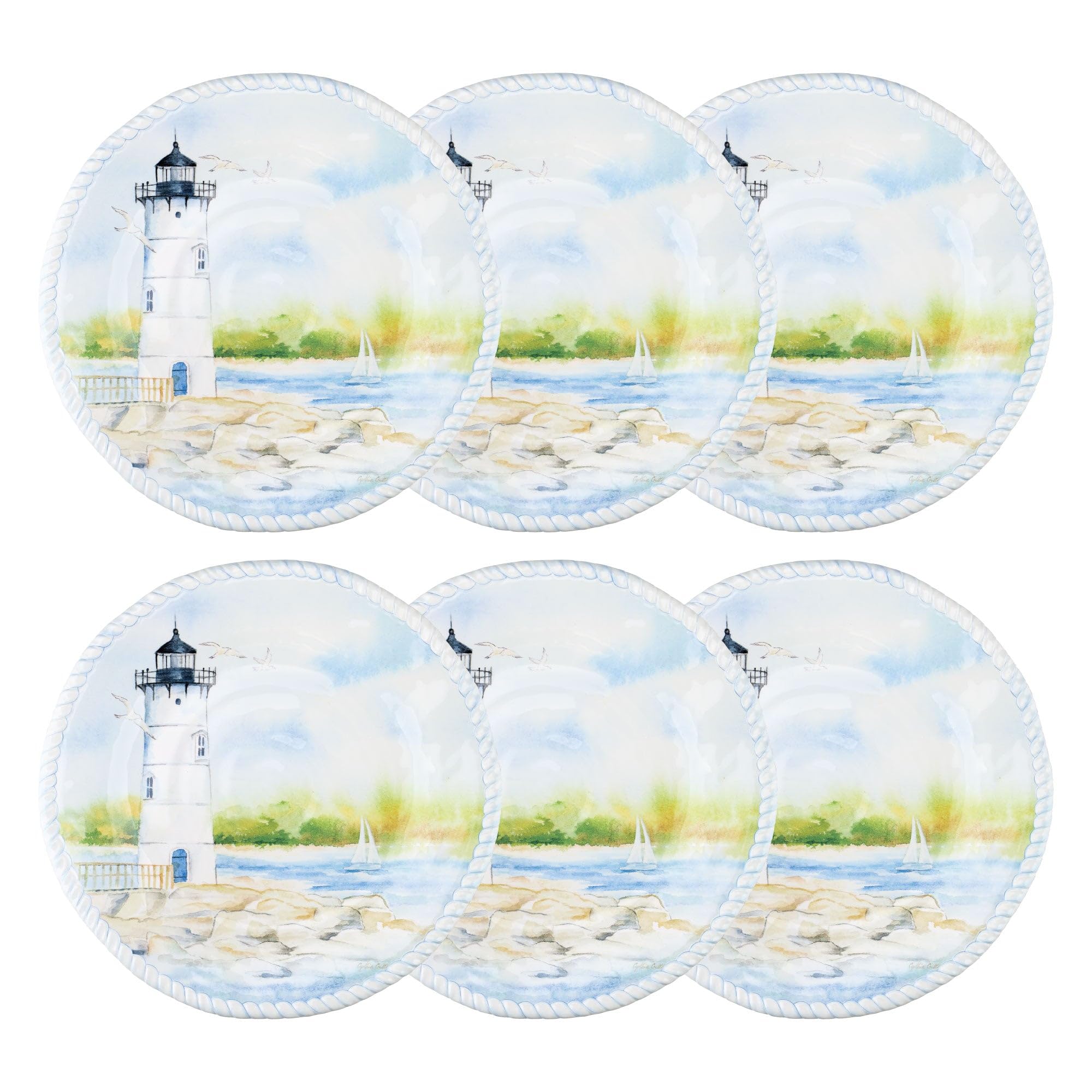 UP UPware Lighthouse Melamine Dinner Plate Set, Round Plates with Rope Edge for Main course, Pasta, and Salad, BPA-Free, Dishwasher Safe, Blue, 11 Inch, Set of 6