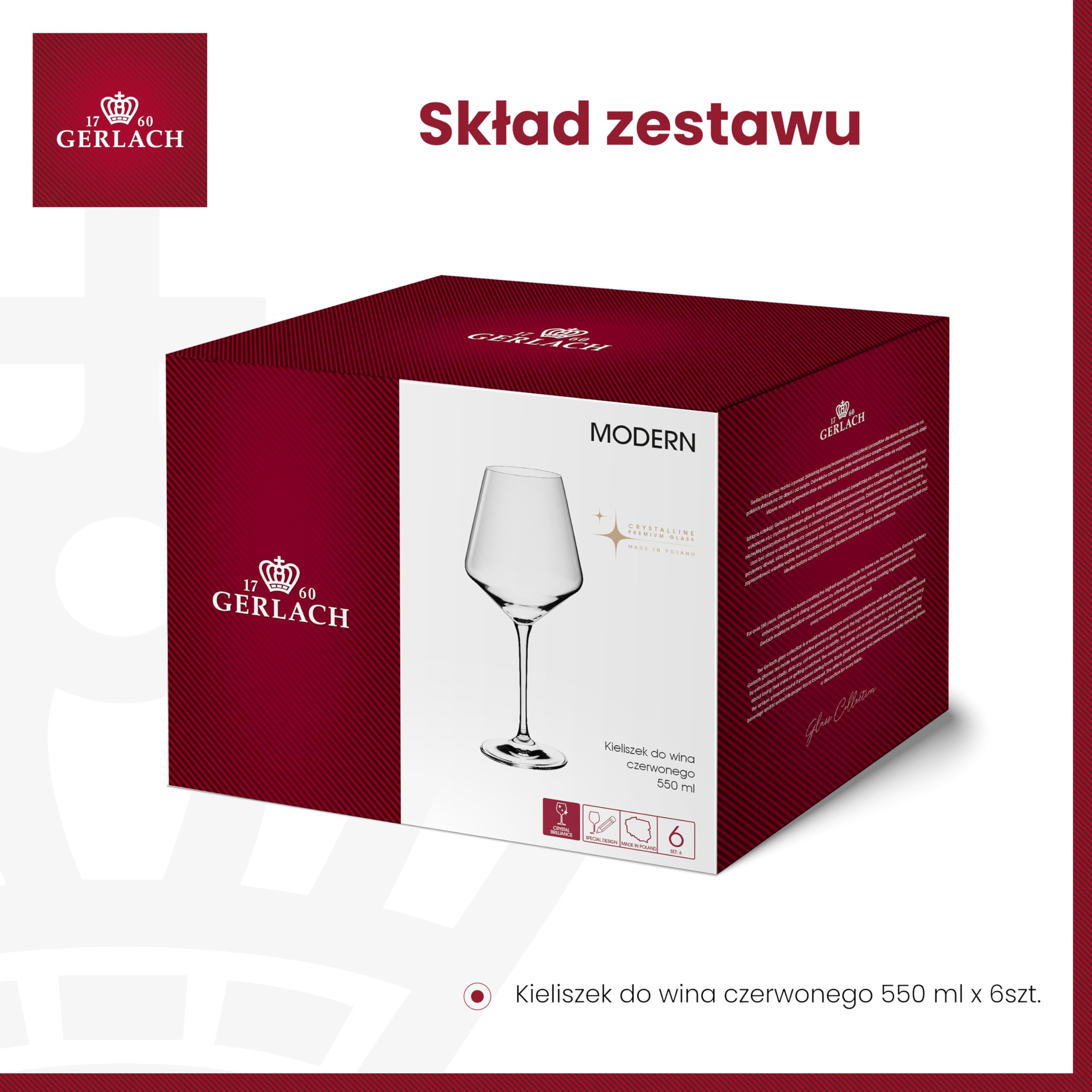 Gerlach 1760 Zestaw 6 Kieliszków do Czerwonego Wina Modern Przezroczyste 550 ml do Mycia w Zmywarce