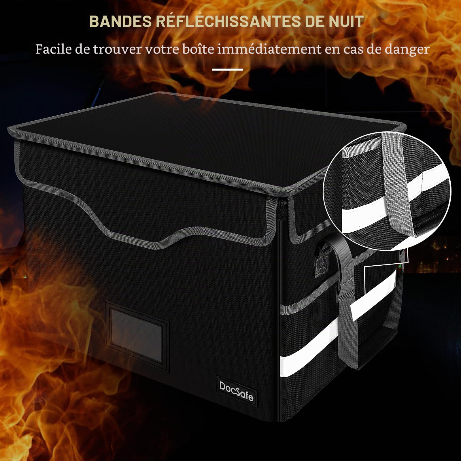 DocSafe Boîte de classement ignifuge avec serrure, boîte de rangement de fichiers avec poches en maille, boîte de classement portable pliable avec poignée pour accrocher des lettres/dossiers