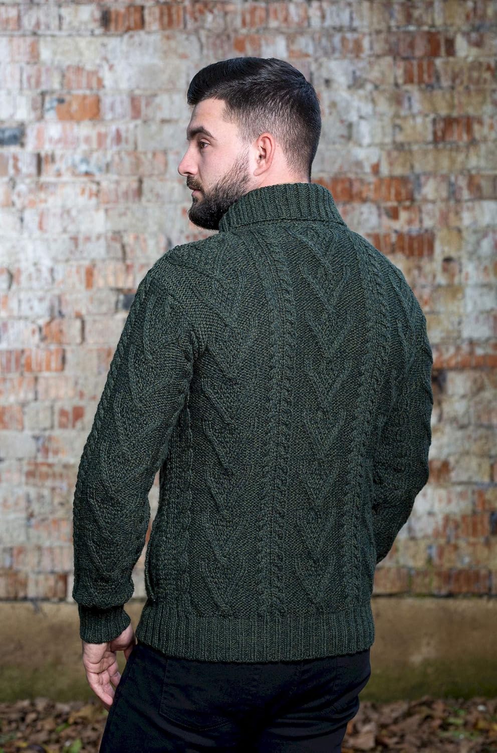 100% Merino Wool Men's Shawl Collar Single Button Irish Cable Knit Sweater Knitwear with Pockets - Image 4