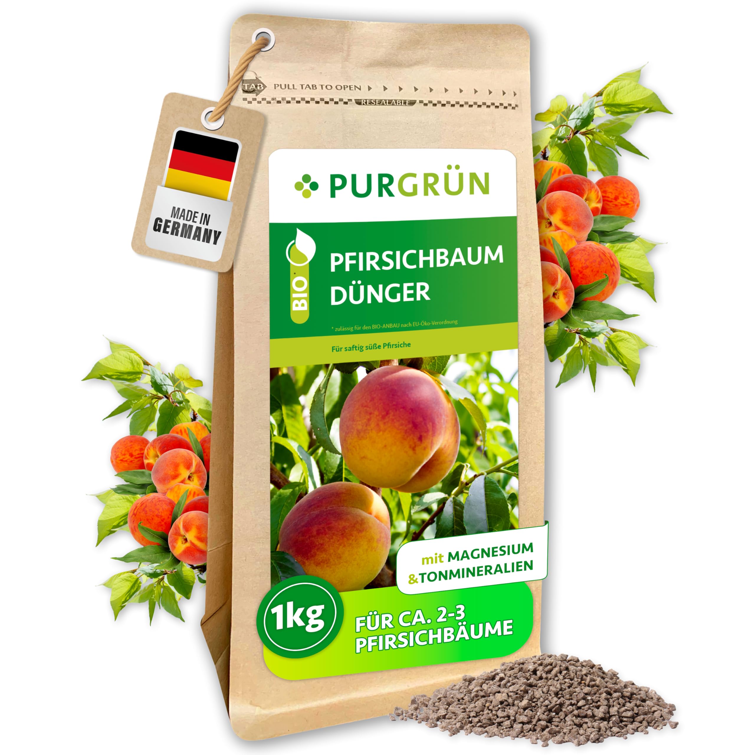 Bio-Pfirsichbaum-Dünger 1 kg – Organisch-mineralische Rezeptur – Feinkörniges Krümelgranulat – NPK 6+3+8 – Mit Magnesium für süße Pfirsiche – Verbessert die Bodenqualität – Chloridarm