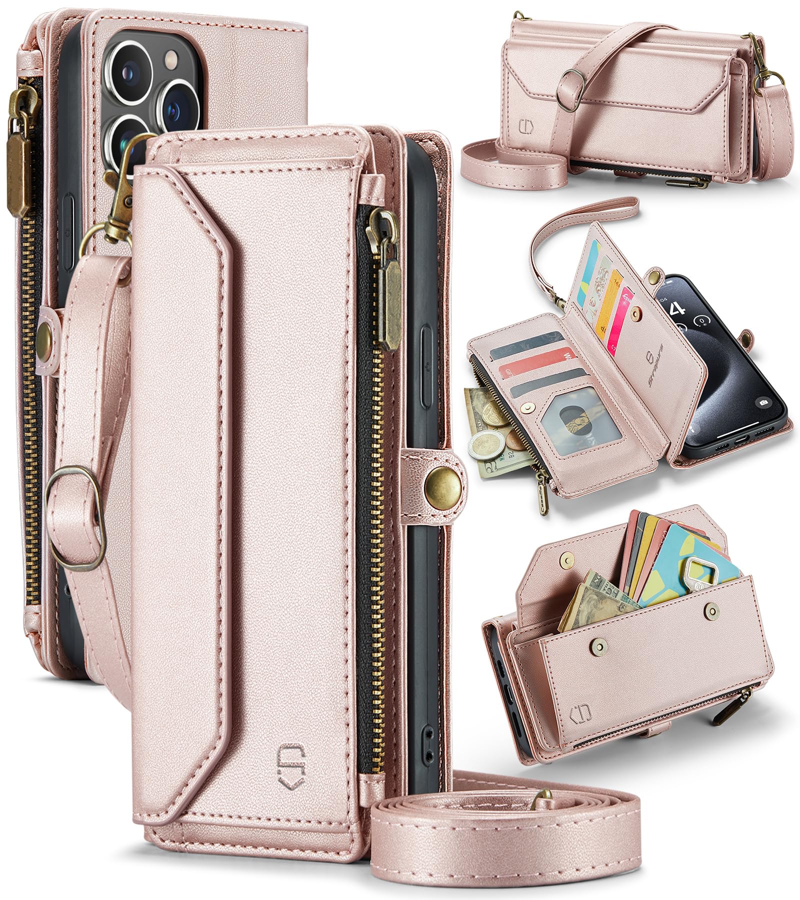 Crossbody for iPhone 15 Pro Max Case Wallet?RFID Blocking?with 10-Card Holder Zipper Bills Slot, Soft PU Leather Magnetic Shoulder Wrist Strap for iPhone 15 Pro Max Wallet Case Women,RoseGold