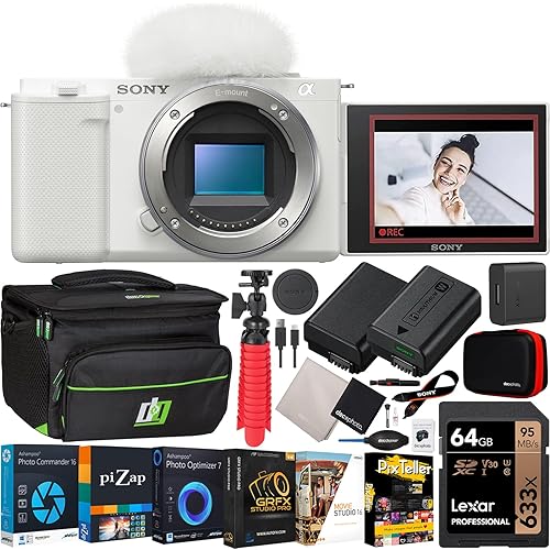 Sony ZV-E10 Mirrorless Alpha APS-C Interchangeable Lens Vlog Camera (Body, White) ILCZV-E10/W | Official Sony USA Partner Model | Bundle with Deco Gear Photography Case + Extra Battery + Software Kit
