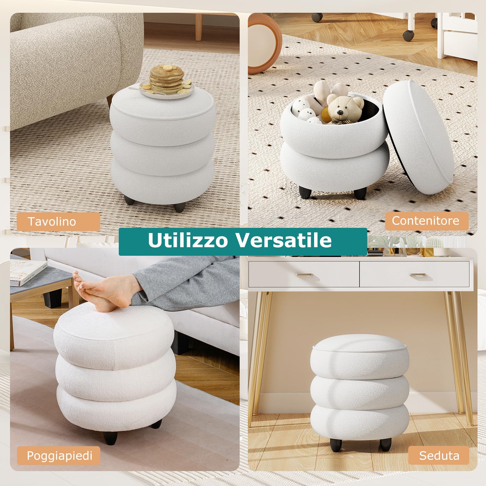 COSTWAY Pouf Contenitore Rotondo 20 L, Ottomano con Coperchio Rimovibile, Sgabello da Trucco con Gambe in Legno di Gomma, Portata 150 kg, per Camera da Letto e Salotto