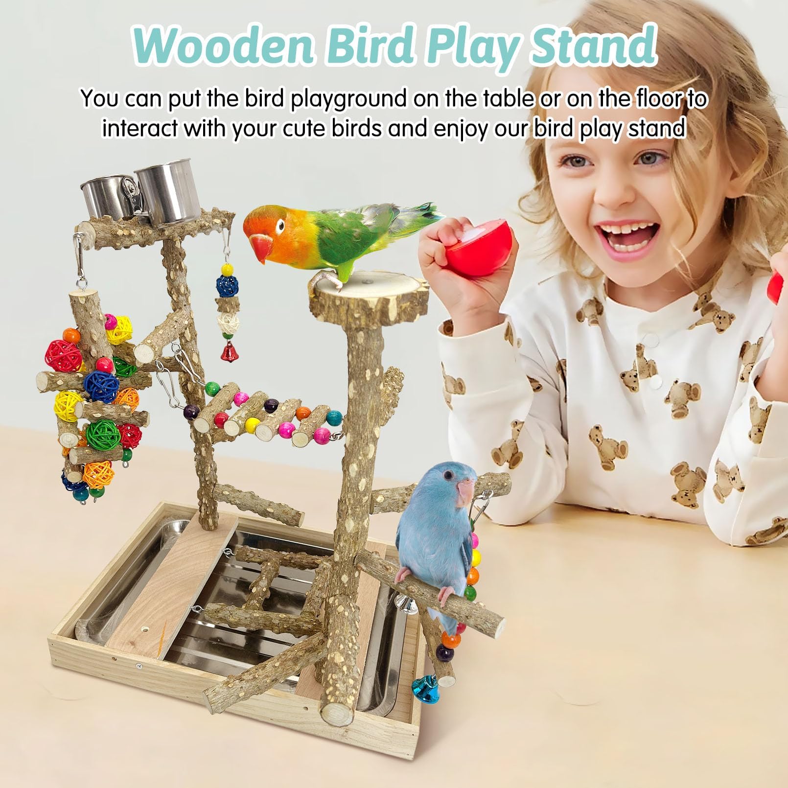 PINVNBY Bird Playground Natural Wood Parrot Perch Stand Bird Play Gym Colorful Ladder Swing Chewing Toys with Metal Tray and 2 Stainless Steel Cups Cage Accessories for Conure Cockatiel Parakeet - image 7