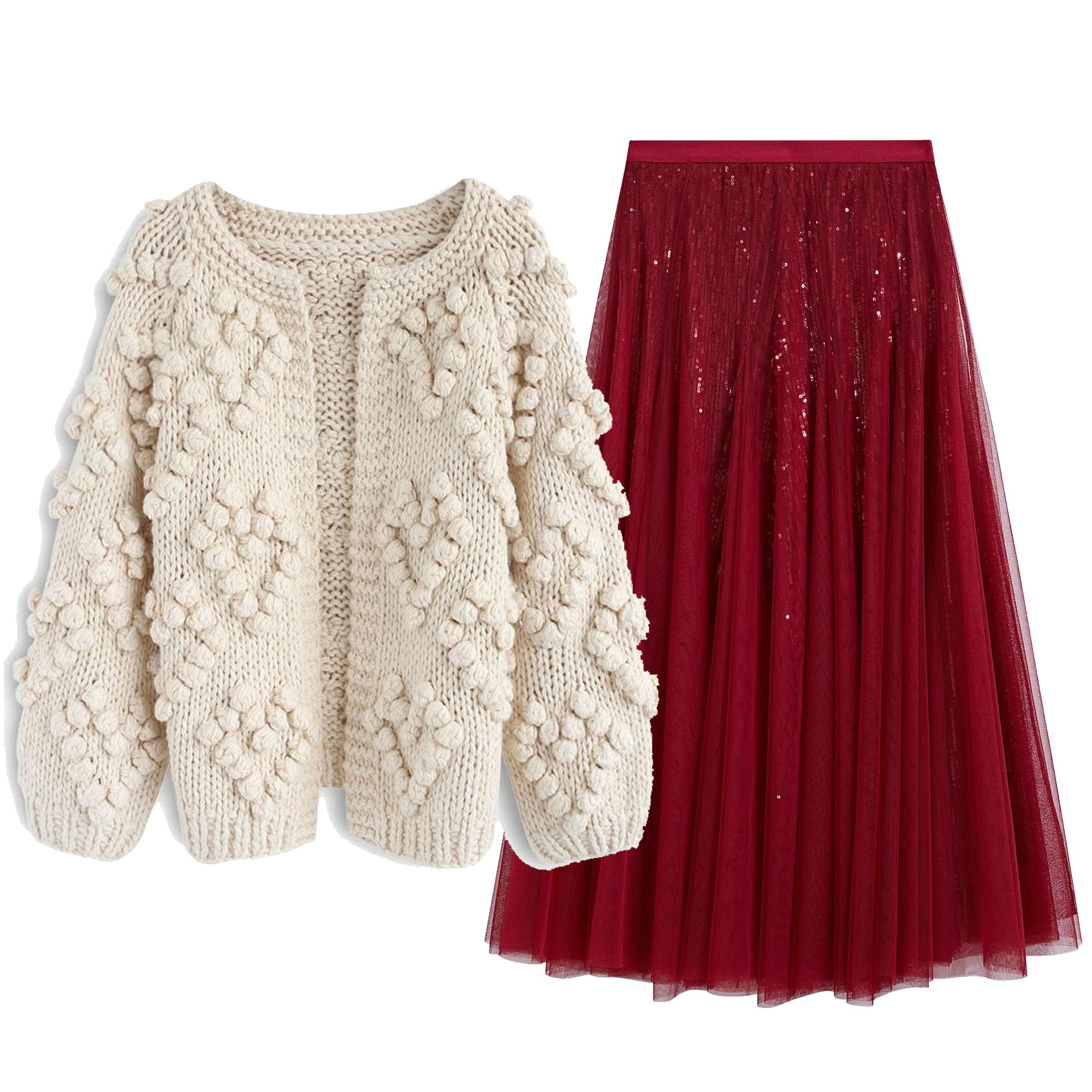CHICWISH Womens Soft Heart Shape Balls Hand Knit Open Front Ivory Cardigan and Sequins Tulle Skirts Elastic Waist