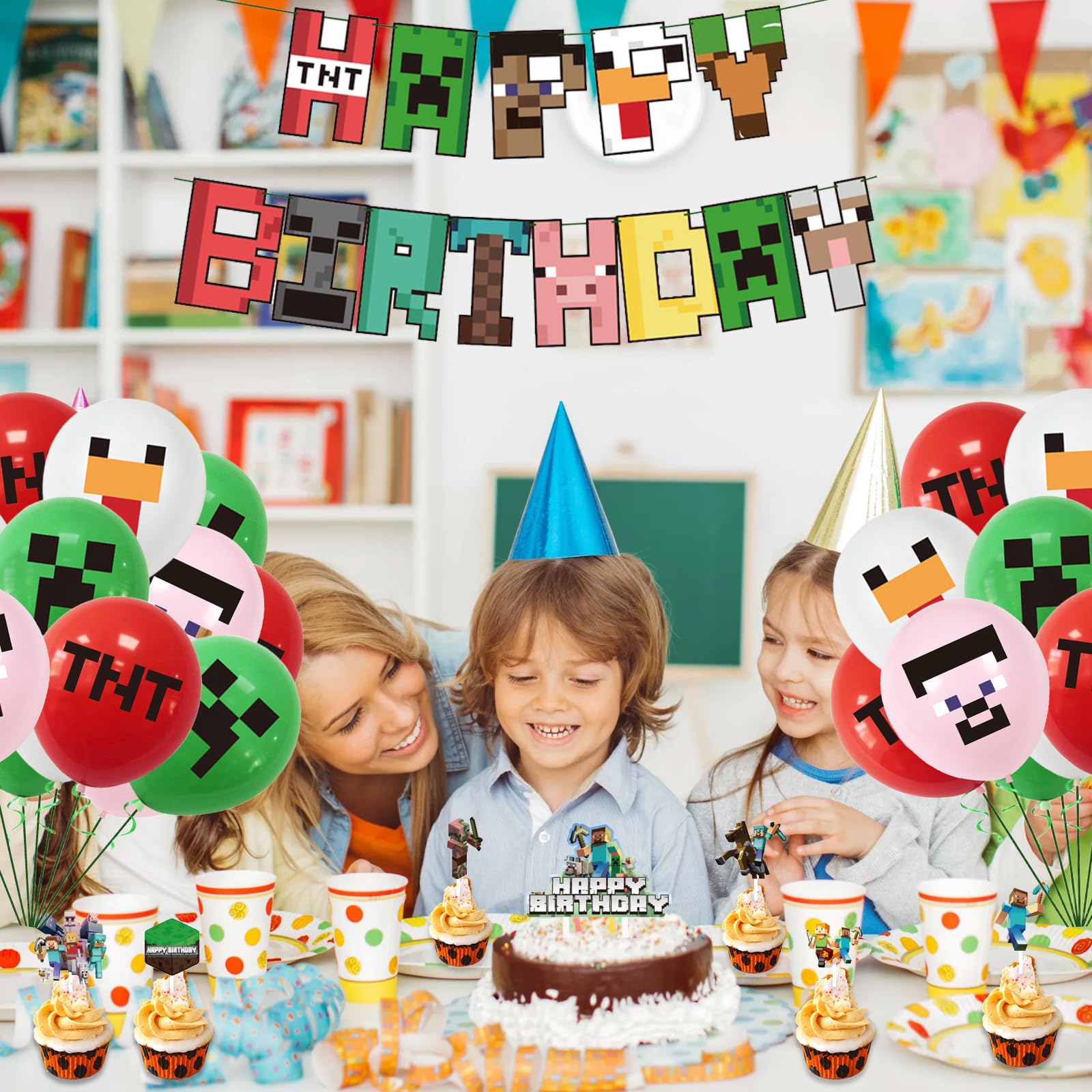 Decorazioni Compleanno A Tema Pixel Per Ragazzi - Con Striscione, Palloncini, Tovaglia E Torta - Foto 10