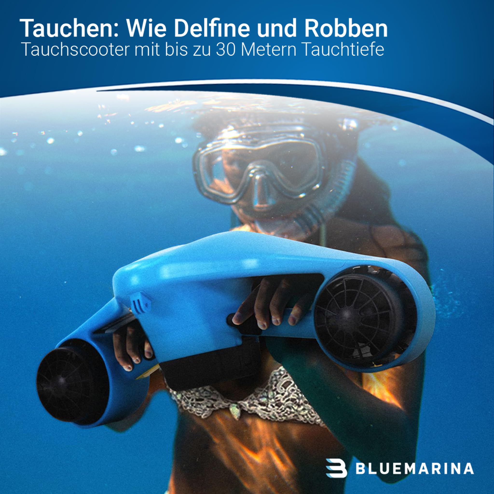 Bluemarina Tauchscooter Orca | Seascooter - 2 x 500 Watt Motoren - 3 Geschwindigkeiten - Topspeed 5.4 km/h - Bis 30 Meter Tauchtiefe - Sinkschutz - Unterwasserscooter - Tauchen - Underwater Scooter