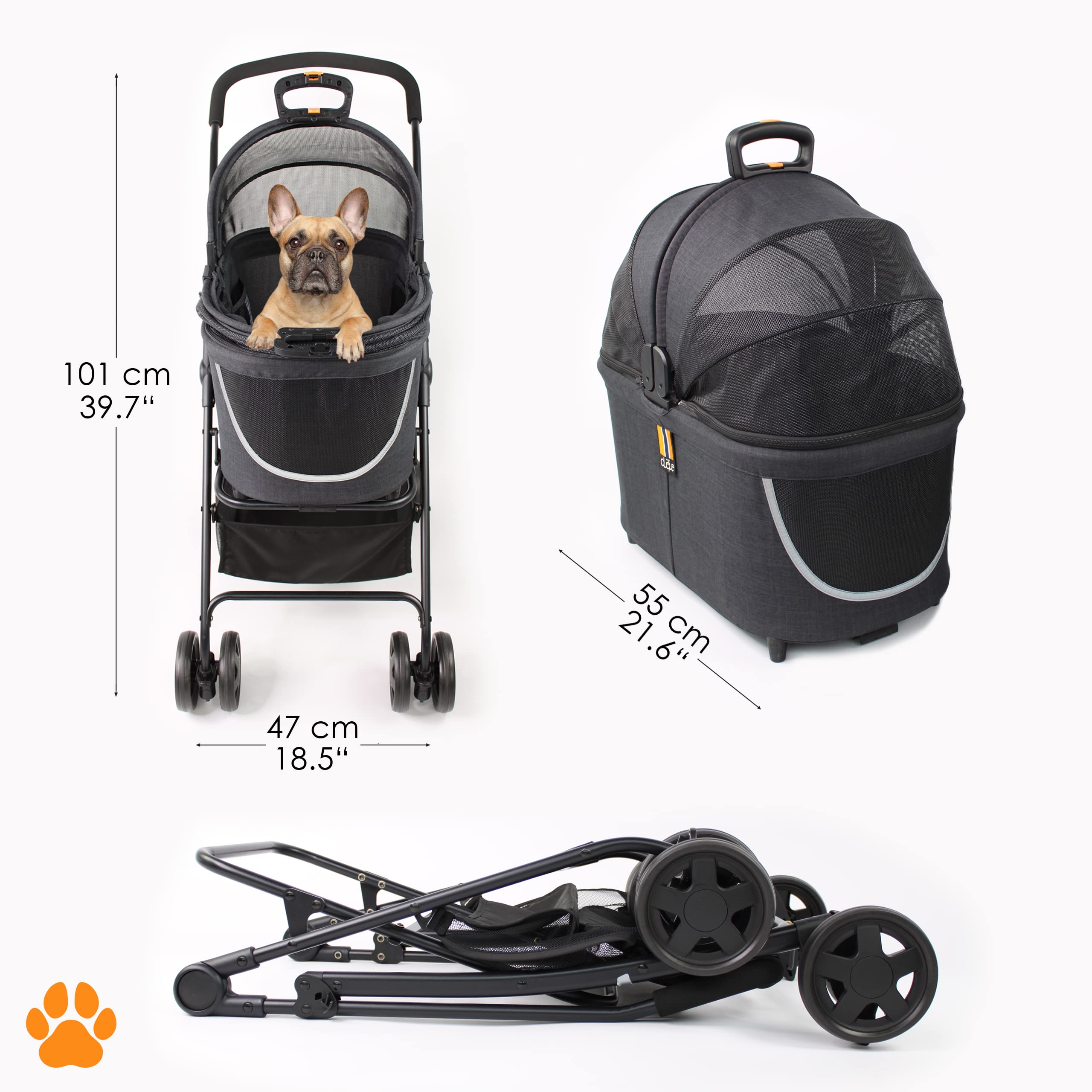 Model Coco 2IN1 – Hundewagen & Haustier Buggy bis 15 kg mit extra Korb für Einkäufe oder Tierzubehör, einfach faltbar auf wendigen flexiblen Rollen im modernen Design, Schwarz