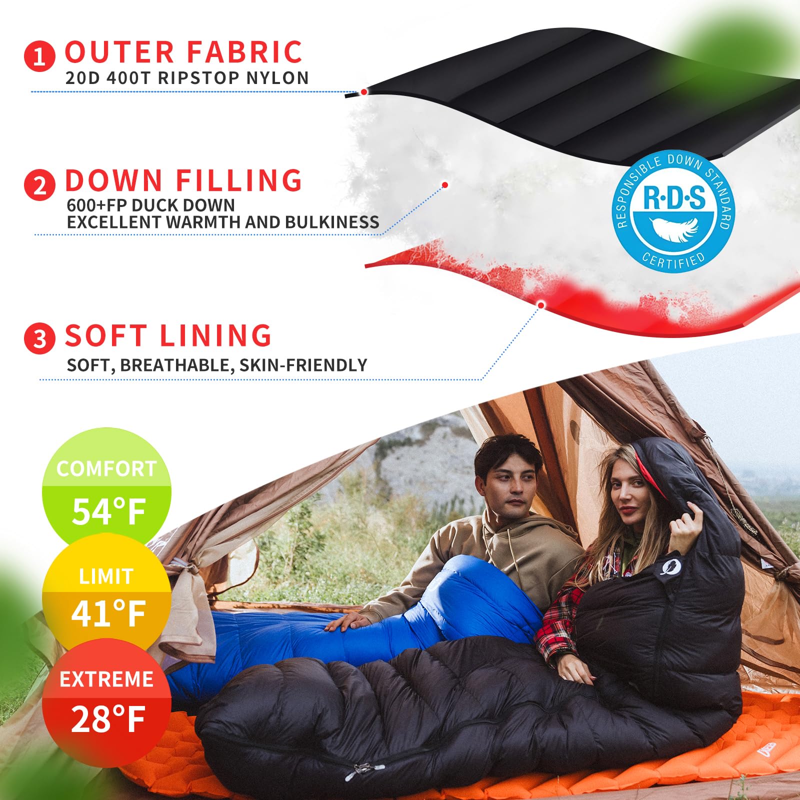 QEZER Down Sleeping Bag for Adults 600 Fill Power Down Sleeping