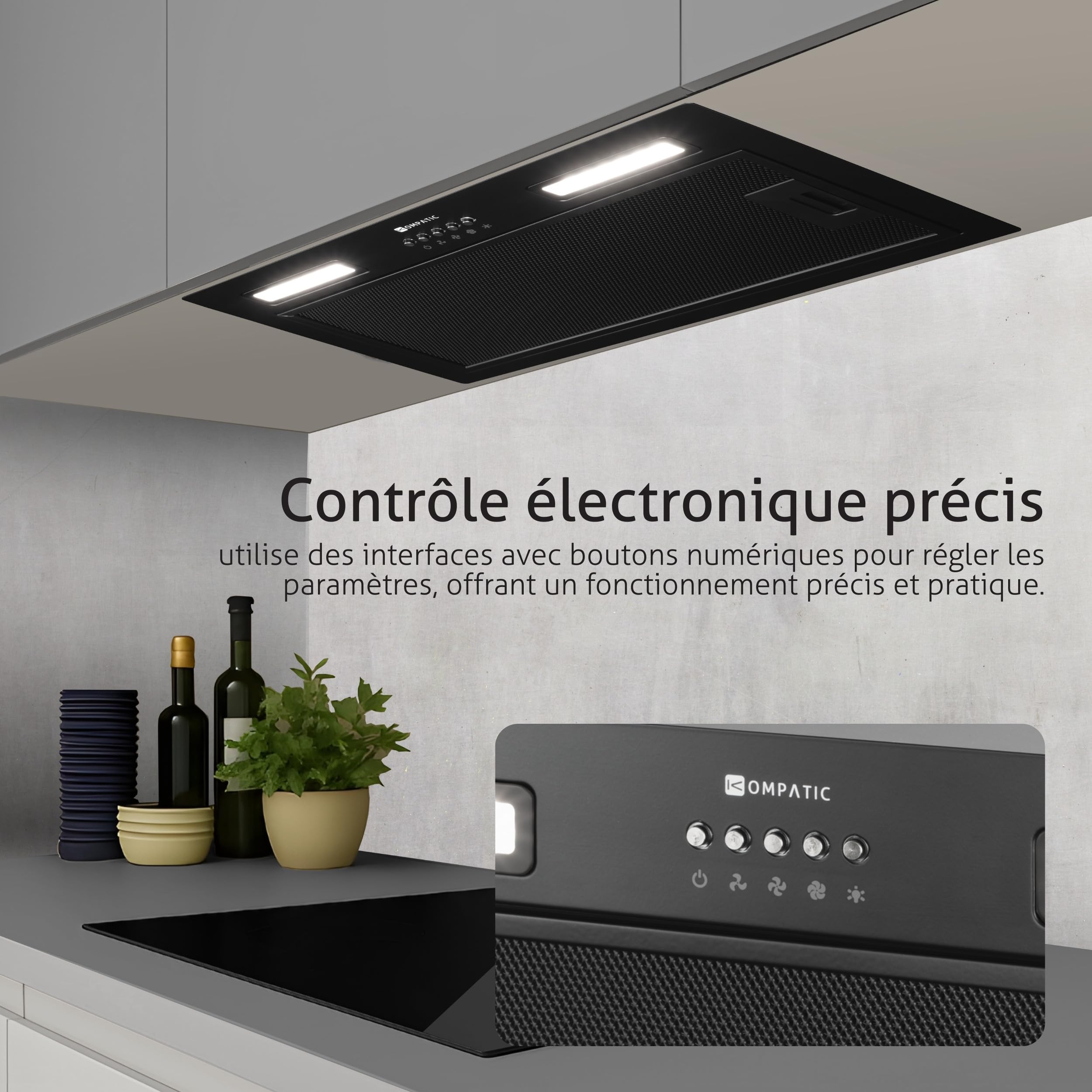 Kompatic Lane 50 KLN50BI Hotte Aspirante Encastrable 50cm, A+++, Filtres à Charbon inclus KCF4, Minuterie, Contrôle électronique, 450 m³/h, LED, 3 vitesses + boost, Evacuation/Recyclage, Noir - 5