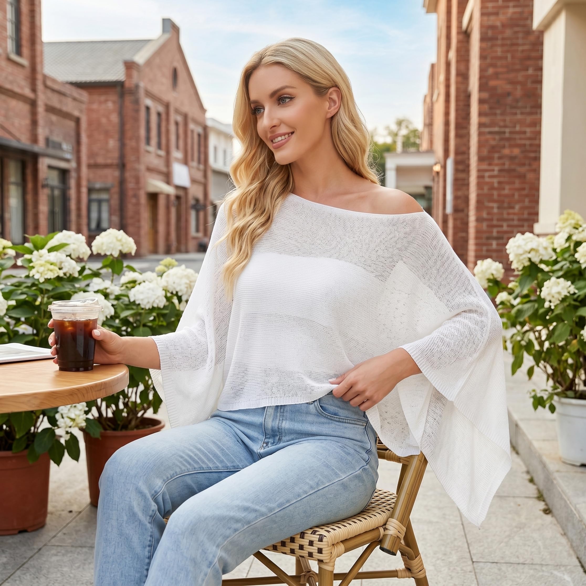 Transparenter Poncho für Damen durchsichtiger Strickponcho für Damen asymmetrisches Cape-Top mit Einer Schulter lässiger Stil Weiß