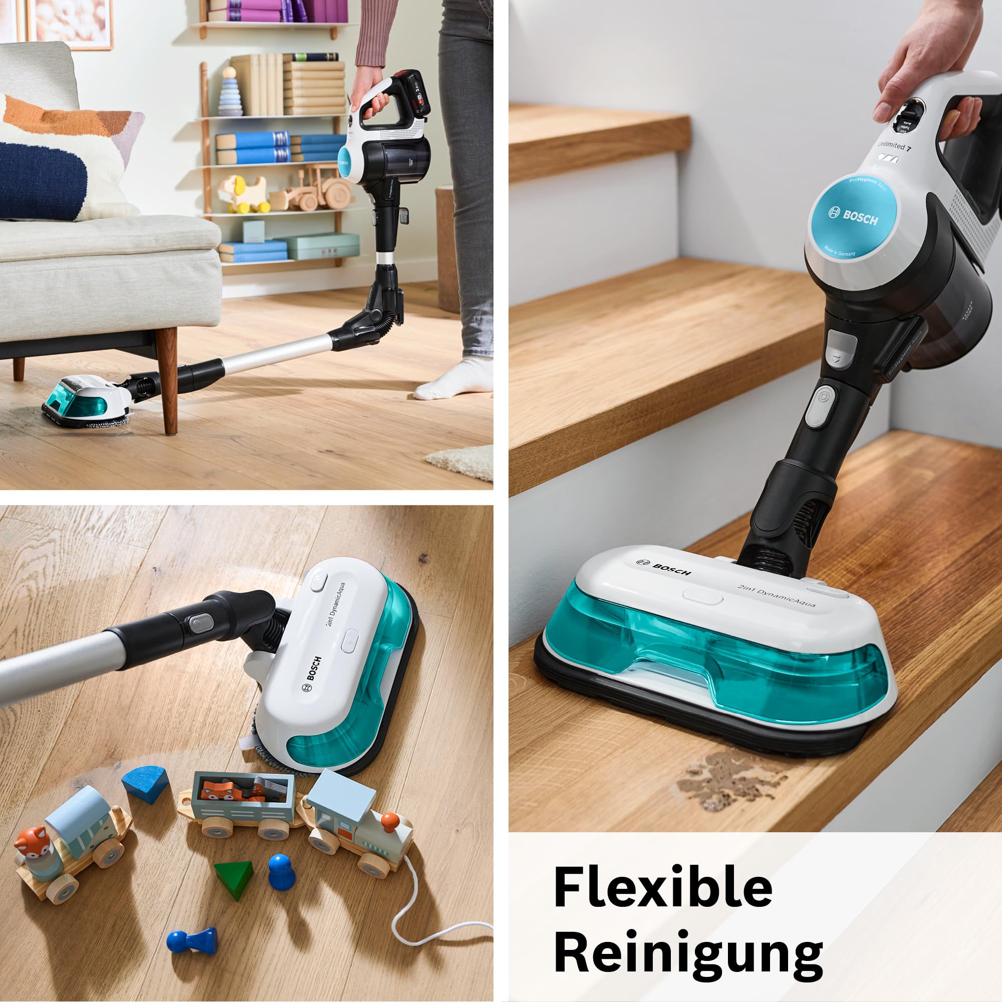 Bosch Akku-Staubsauger Unlimited 7 ProHygienic Aqua BKS71HYG4, kabellos, 2in1 Saugen & Wischen, Knickrohr, HEPA-Filtersystem, 10 J. Motorgarantie, Wechselakku, Mini-Turbo-Düse, Made in Germany, weiß