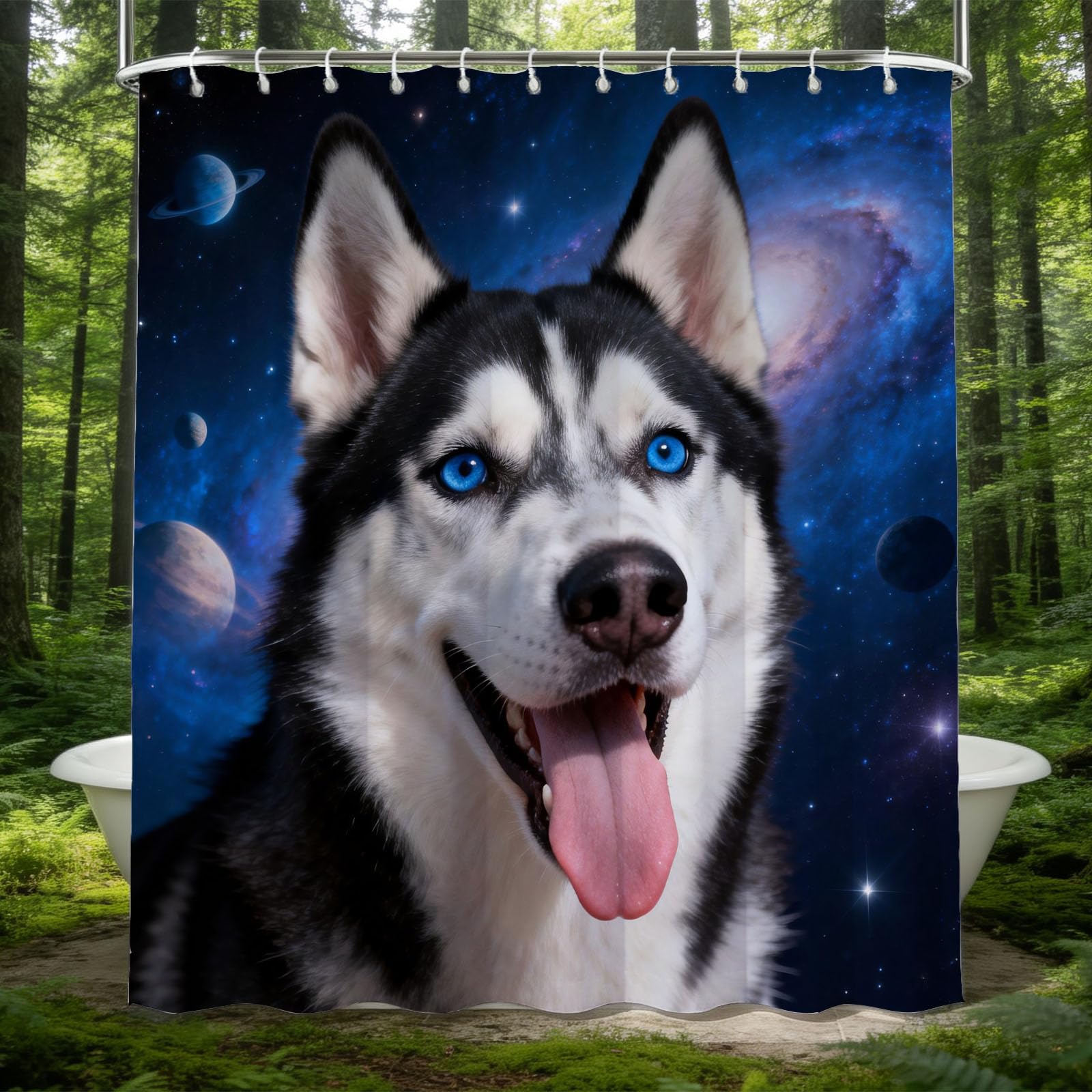 Hongduo 3D Husky Starry Sky Shower Curtain for Stalls Bathtubs Starry Sky Bathroom Decor Shower Curtain Set Polyester Fabric Waterproof 120x180cm/48X71 Inch with Hooks