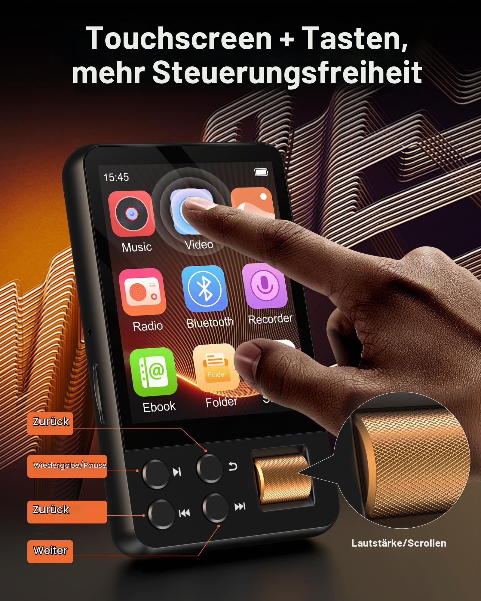 MP3 Player Bluetooth 5.4 mit vorinstallierter 128GB TF-Karte | MP3 Player Kinder mit Kopfhörer, 2,4 Zoll Touchscreen, für Audible Hörbücher, HiFi Klang, FM Radio, Sprachrekorder, TXT eBook