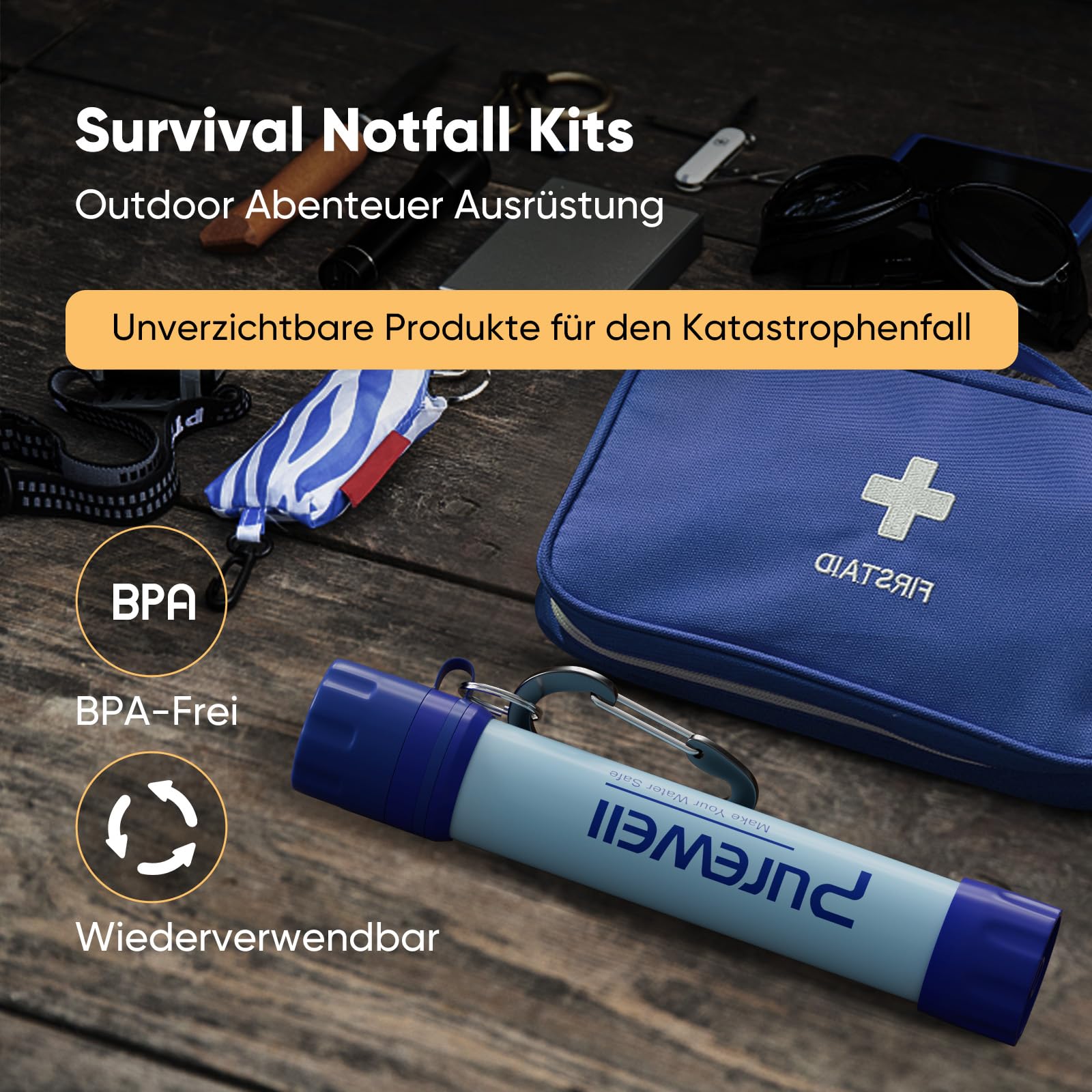 Purewell Outdoor-Wasserfilter – 0,01 μm Ultrafeinfilter entfernt 99,99% Bakterien & Schwermetalle | 1500 Litern Filterkapazität | Tragbarer Trinkwasserfilter mit Karabiner für Survival & Outdoor