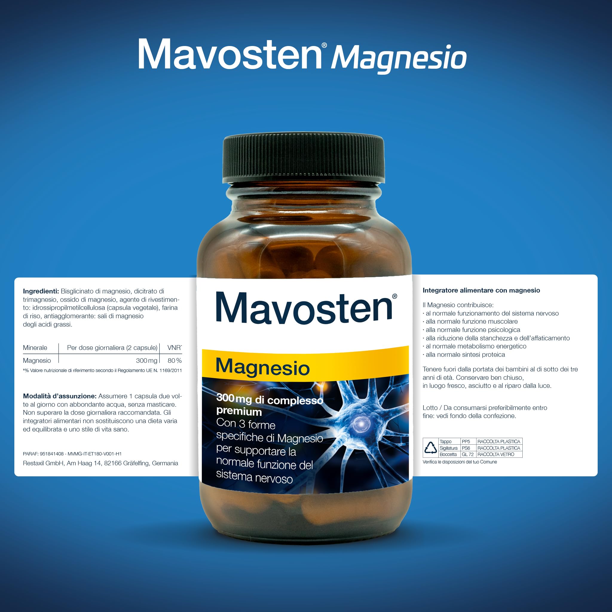 Mavosten® Magnesio [60 capsula] – complesso premium ad alto dosaggio con magnesio bisglicinato | elevata biodisponibilità | testato in laboratorio | vegano | dallo specialista del sistema nervoso