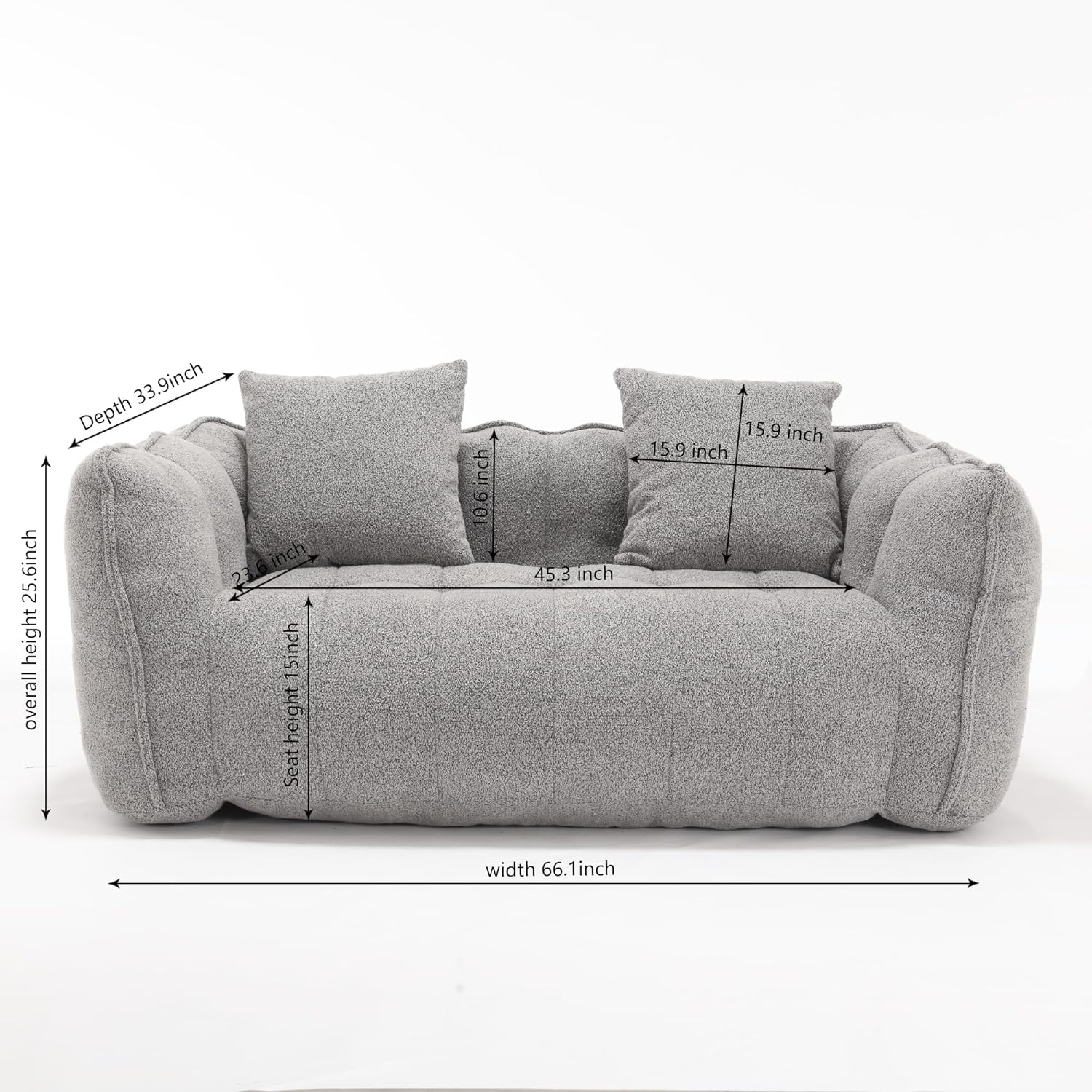 GERRIT Twin Size Bean Bag Chairs - Giant Comfy Loveseat Couch for Adults, with Memory Foam Fill and Armrests, Perfect for Living Room, Bedroom, Apartment (Grey)