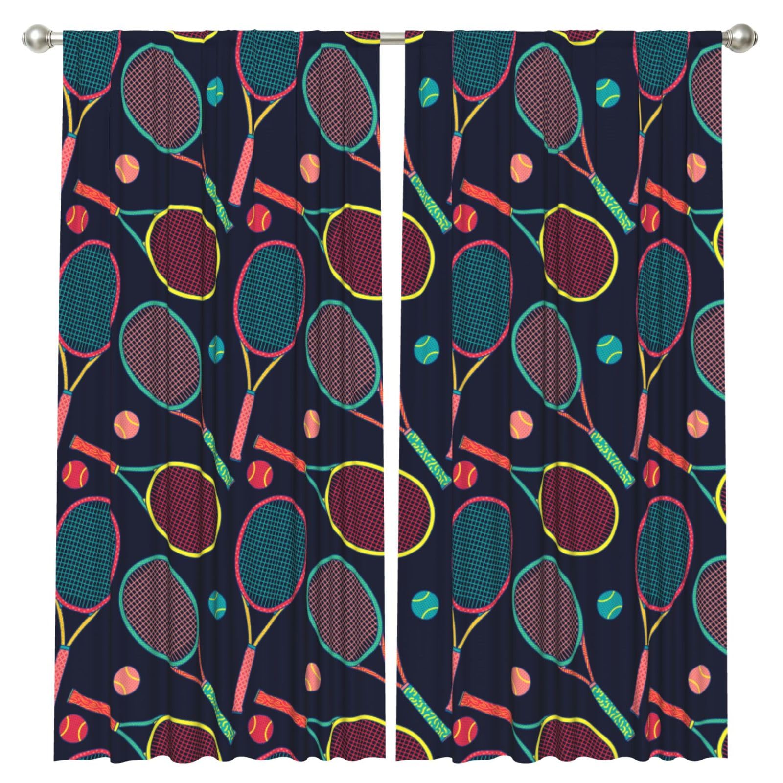 InOmak Colorful Racket And Tennis Ball, 2 Panels Window Curtains 52 x 84 Inch Blackout Curtains for Living Room Bedroom