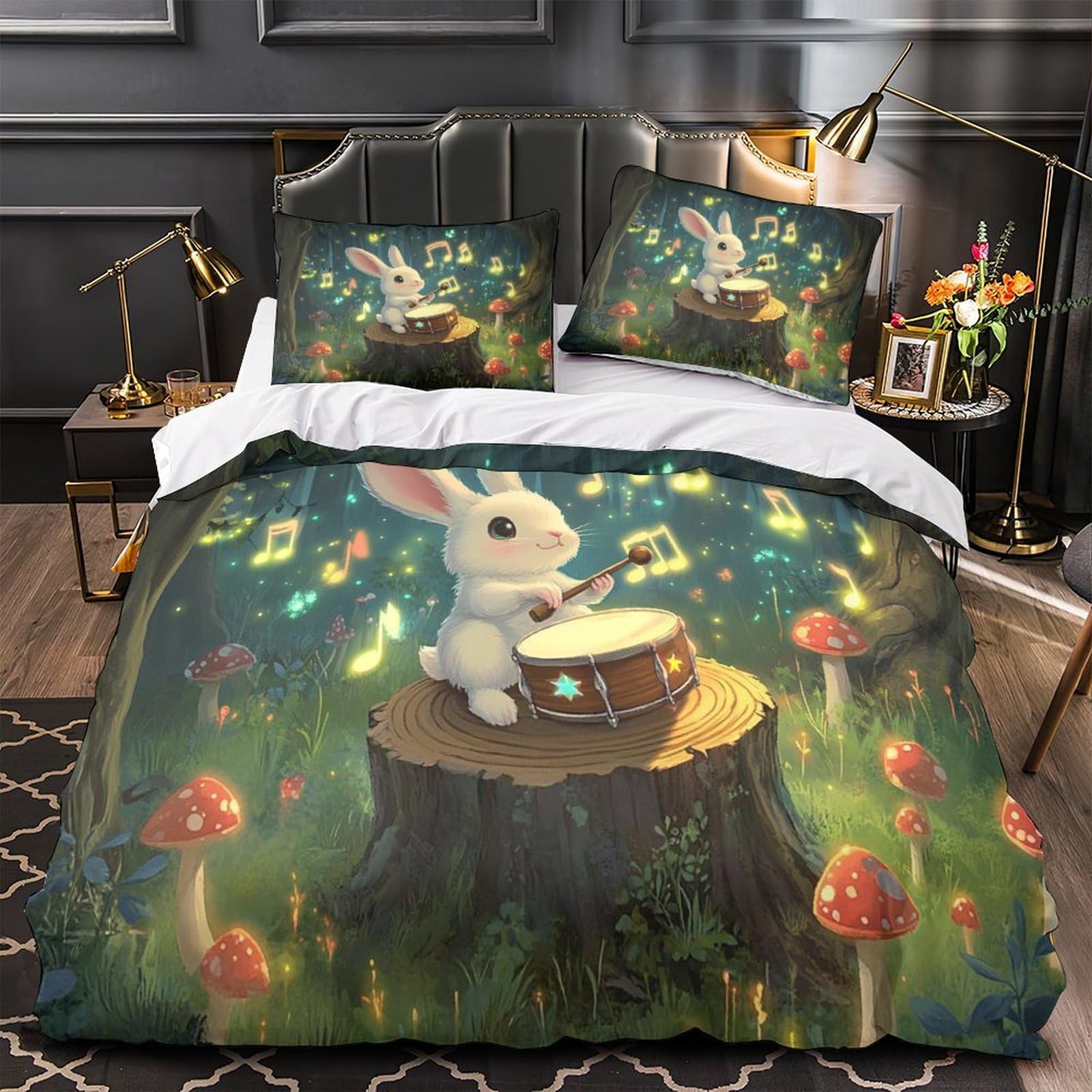 Housse de couette lapin batterie 260x220 cm imprimée 3D microfibre avec 2 taies d'oreiller