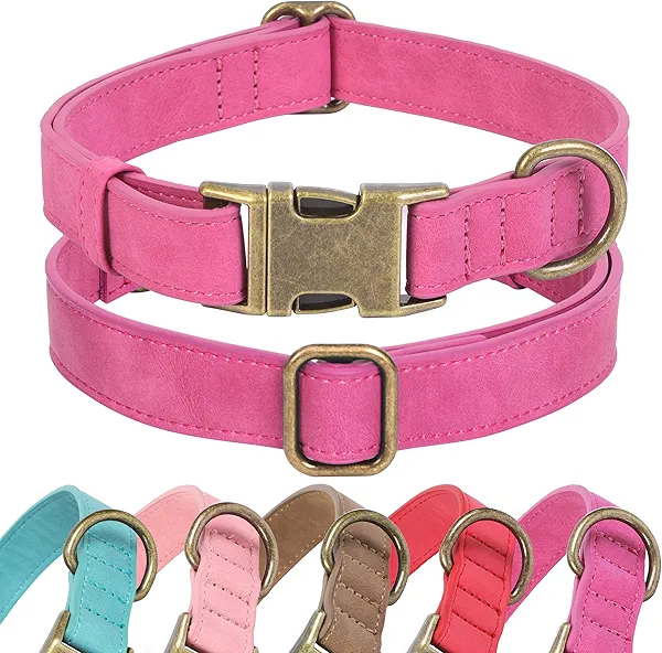 Jumpress Soft Leather Dog Collar for Small Medium Large Dogs, Heavy Duty Dog Collar Leather with Quick Release Metal Buckle, Durable & Adjustable for Medium Dogs Walking (Hot Pink, M)