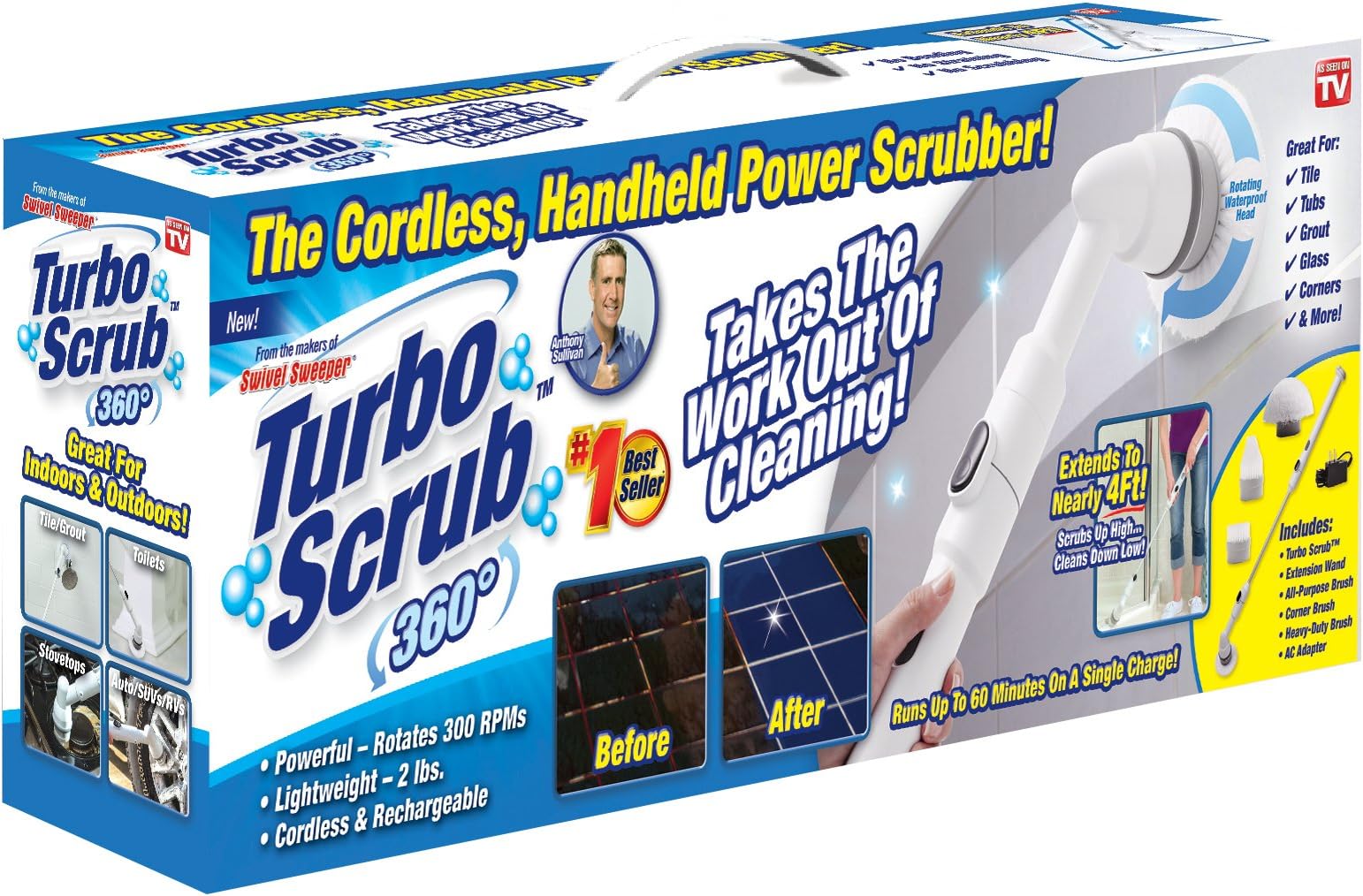 360 Turbo Scrub-360 Cordless, Rechargeable Floor Scrubber and Tile Cleaning Machine