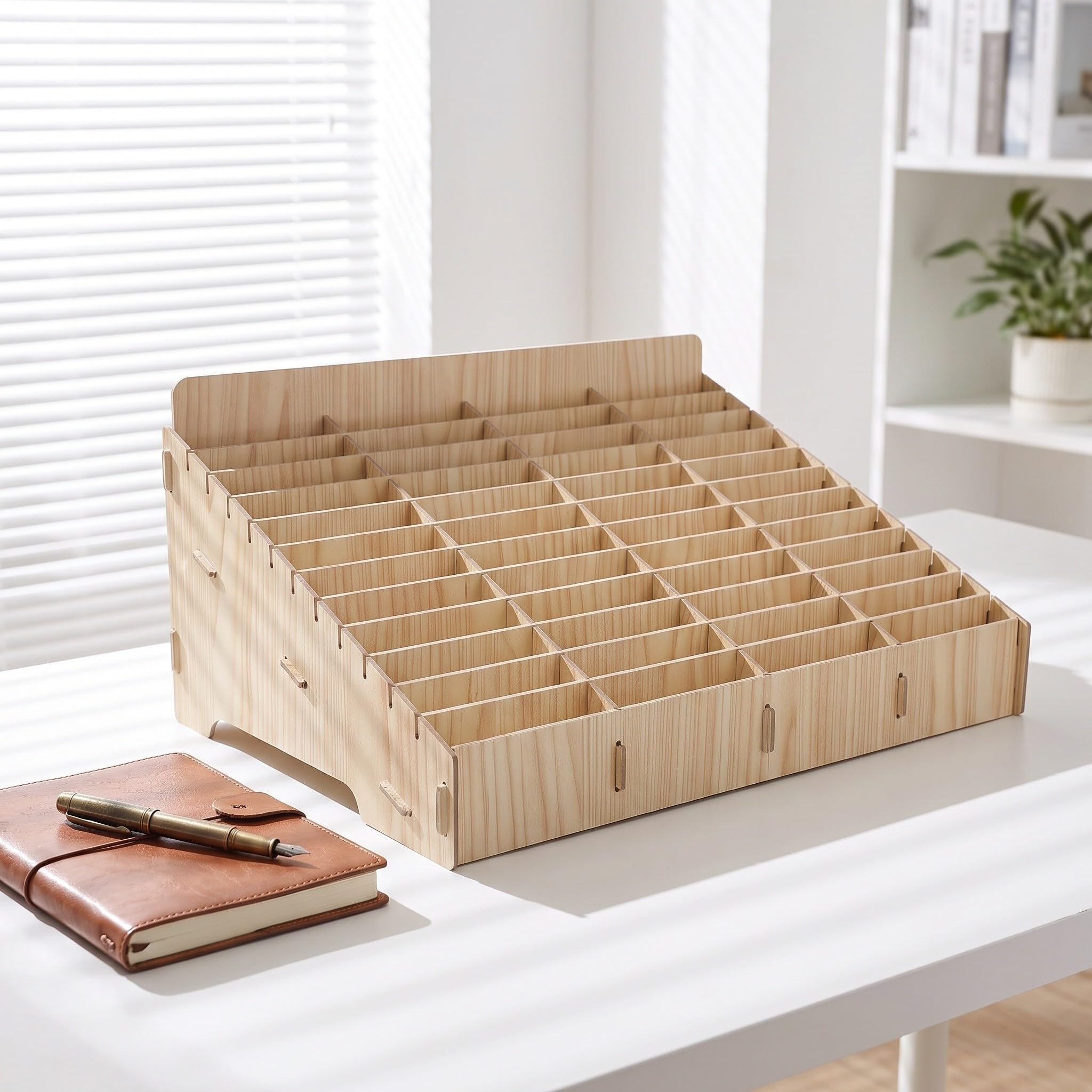 ABOOFAN Scatola in Legno per Cellulari 48 Scomparti Inclinati | Tonalità Kaki, Design Naturale, Struttura Multi Scomparto, per Ufficio, Laboratorio, Studenti e Famiglie