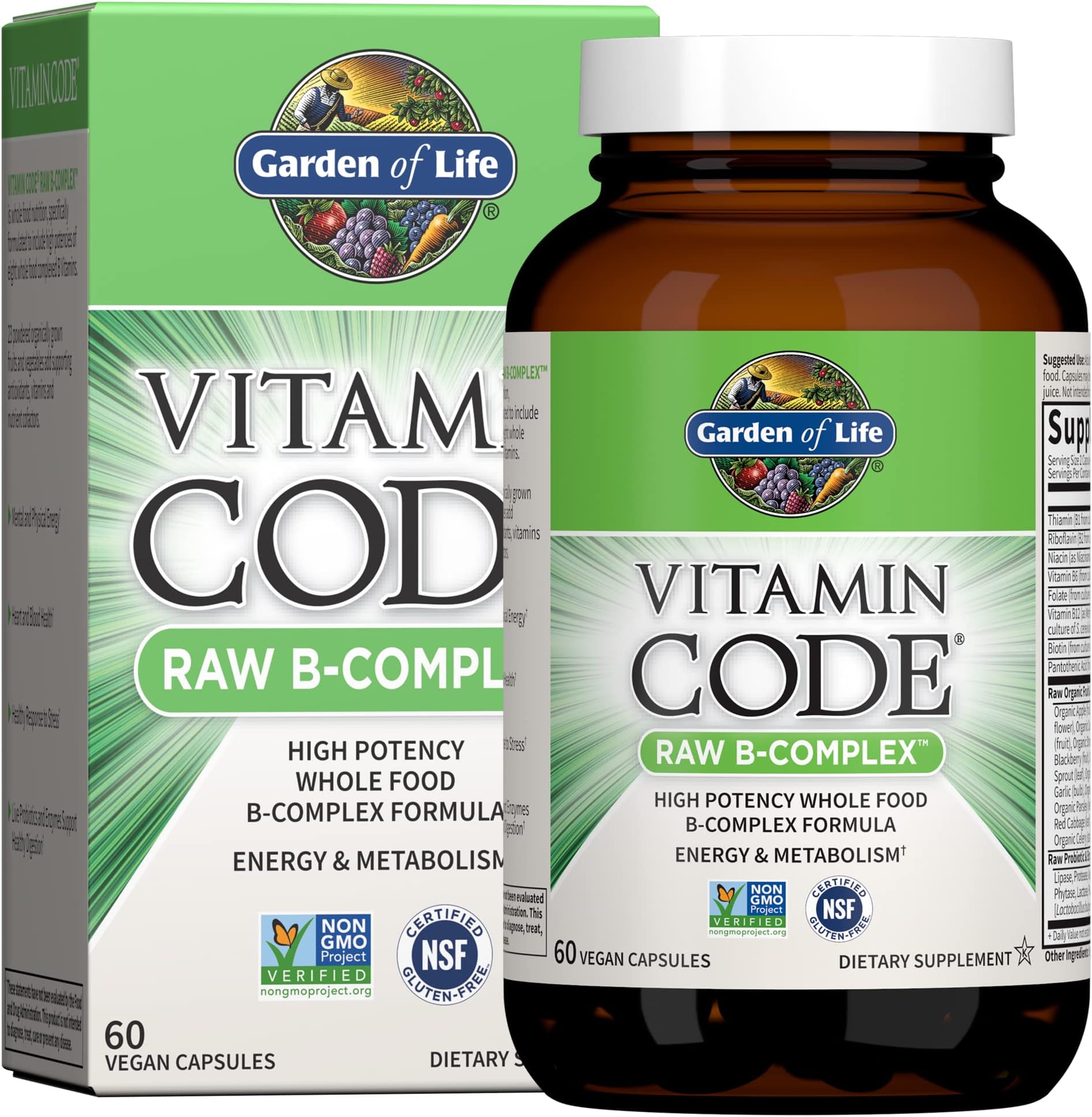 Garden of Life Vitamin B Complex, 60 Vegan Capsules, High Potency Vitamins for Energy & Metabolism with B6, Folate & B12 as Methylcobalamin Plus Probiotics