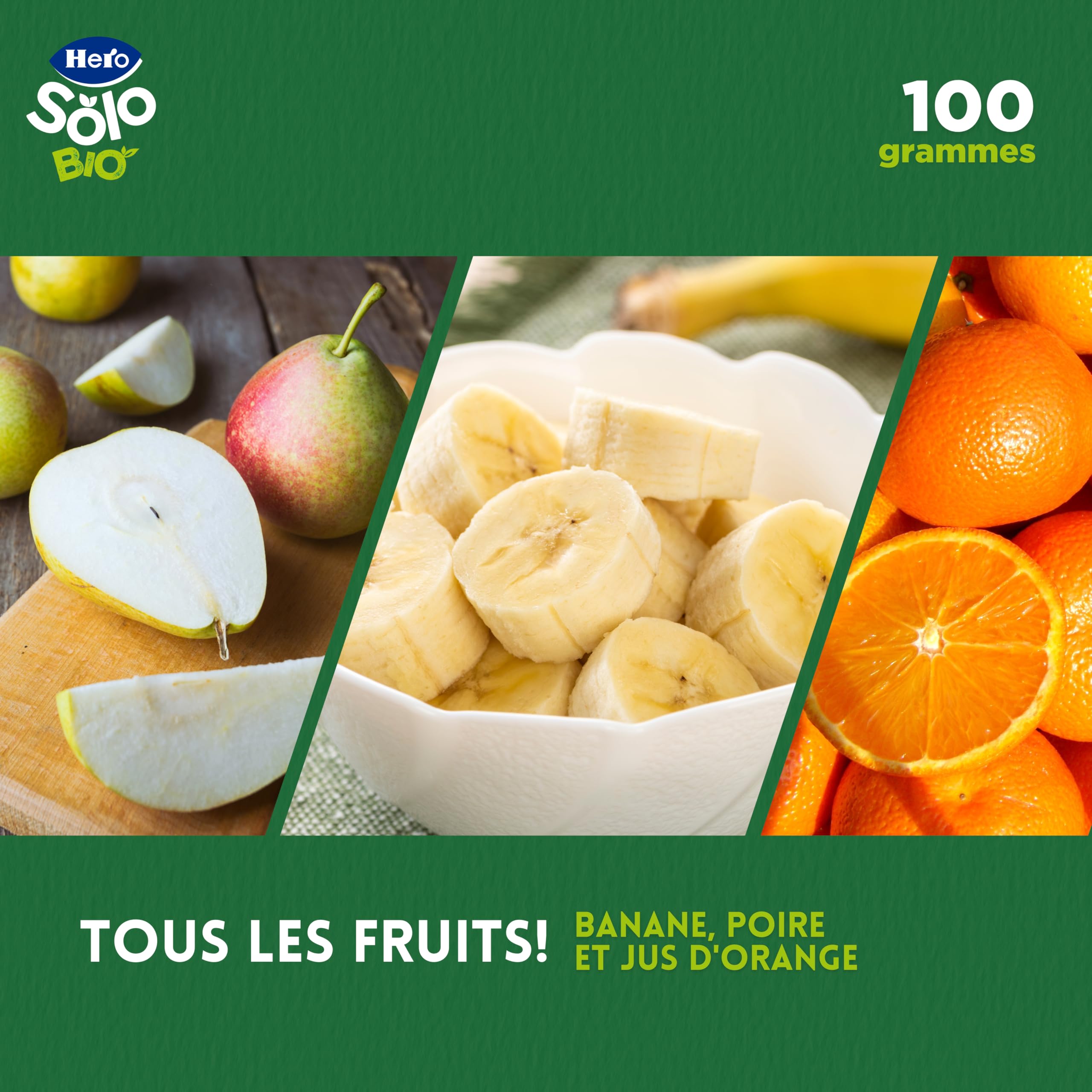 Hero Solo - Gourde Bio De Banane, Poire et Orange – Puree de Fruits BIO 100% Naturels, Compote Sans Sucre Ajouté, Sans Gluten - pour Bébés Dès 4 Mois - Lot de 18 X 100 g