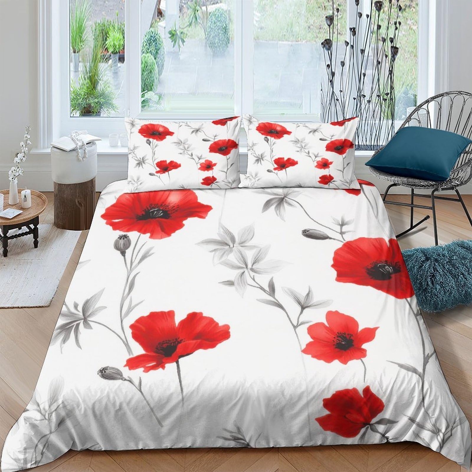 Ctjqhvkz Style-9 3D Printed Red Poppy Fitted Sheet Microfiber Soft Floral Bed Sheet For Bedroom Guest Room Dustproof Mattress Cover Single（135X200cm）