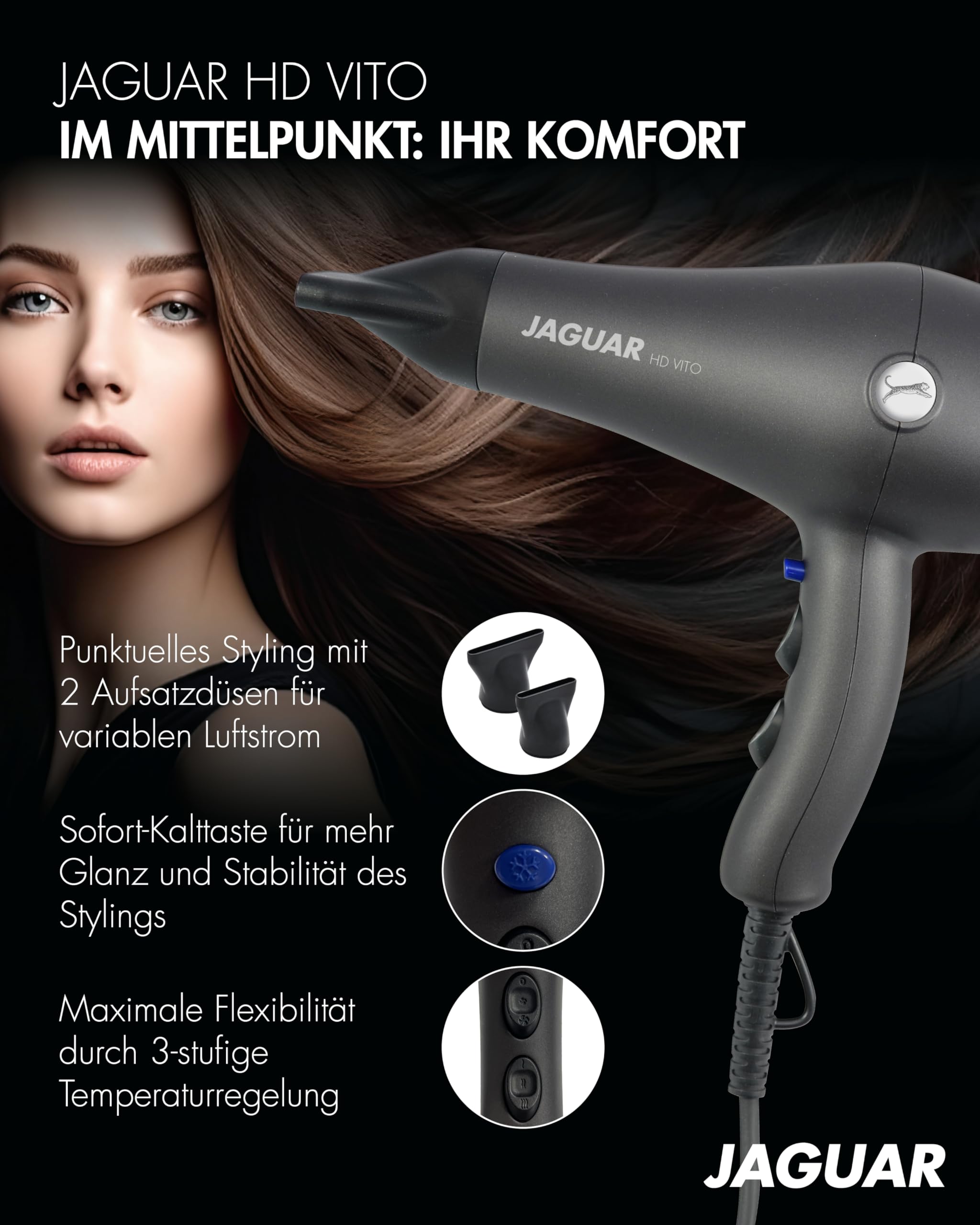 JAGUAR Haartrockner HD VITO | individuelle Heiz- & Gebläseeinstellungen | Profi Föhn | 3 Heizstufen, 2 Gebläsestufen, Sofort-Kalt-Taste | 2,8m langes Kabel | 2 Aufsatzdüsen | Vom Profi für Dich