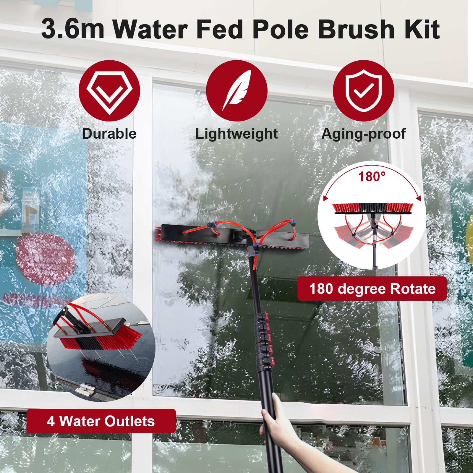 Genérico Cepillo telescópico para Ventanas de 3,6-10,8 m con alimentación de Agua para techos, limpiapaneles solares, Kit con dispensador de jabón, para Camiones, Barcos, autobuses y Coches